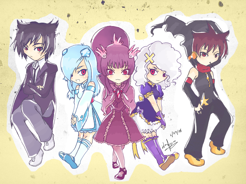 banette, drifblim, froslass, gengar, mismagius, nintendo, pokemon, 2boys, 3girls, :3, aqua hair, bad anatomy, black hair, brown hair, costume, gen 1 pokemon, gen 3 pokemon, gen 4 pokemon, ghost, grey hair, hair over one eye, kneehighs, multiple boys, multiple girls, personification, poorly drawn, purple hair, red eyes, socks, white socks
