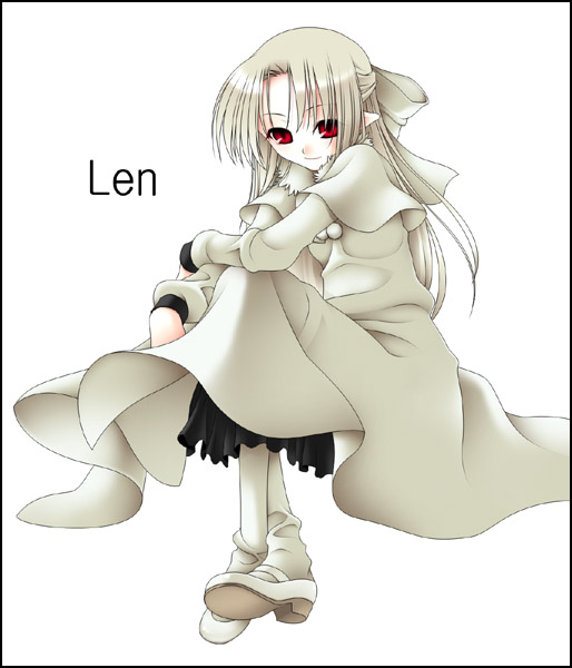 nimiya, white len (tsukihime), melty blood, tsukihime, type-moon, 00s, 1girl, character name, female focus, half updo, pointy ears, red eyes, solo, white background