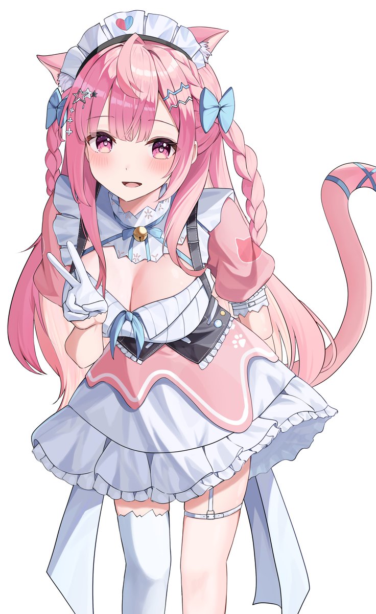 masamune-tan, yuuki sakuna, indie virtual youtuber, highres, 1girl, ahoge, animal ears, bell, belt, blue bow, blue ribbon, blush, bow, breasts, cat ears, cat girl, cat hair ornament, cat tail, cleavage, dress, extra ears, garter straps, gloves, hair bow, hair ornament, hairclip, jingle bell, large breasts, long hair, looking at viewer, maid, maid headdress, neck bell, neck ribbon, open mouth, paw print, pink dress, pink eyes, pink hair, pink tail, ribbon, short sleeves, simple background, single garter strap, single thighhigh, smile, solo, star (symbol), star hair ornament, suspenders, tail, thigh belt, thigh strap, thighhighs, thighs, two side up, underbust, v, virtual youtuber, white background, white belt, white dress, white gloves, white thighhighs