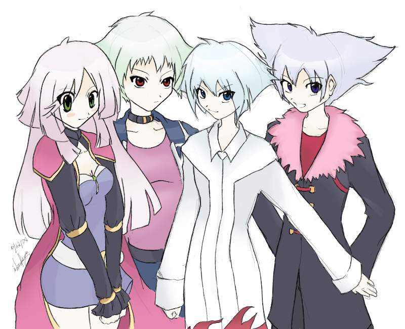 billy (pokemon), clyde (pokemon ranger), garret (pokemon), tiffany (pokemon), nintendo, pokemon, pokemon ranger (series), pokemon rse, non-web source, 00s, 1girl, 3boys, blue eyes, blue hair, breasts, collar, go-rock squad, green eyes, green hair, multiple boys, pink hair, purple hair, red eyes, white background, white hair