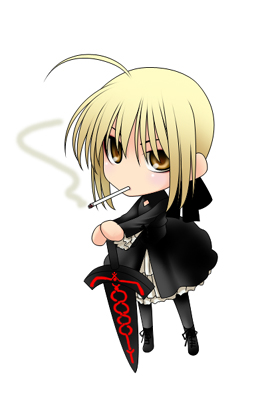 nimiya, artoria pendragon (fate), saber (fate), saber alter, saber alter (gothic lolita), fate/stay night, fate (series), lowres, 00s, 1girl, ahoge, blonde hair, chibi, cigarette, dress, excalibur morgan (fate), female focus, gothic lolita, hands on hilt, lolita fashion, official alternate costume, smoking, solo, sword, weapon, yellow eyes