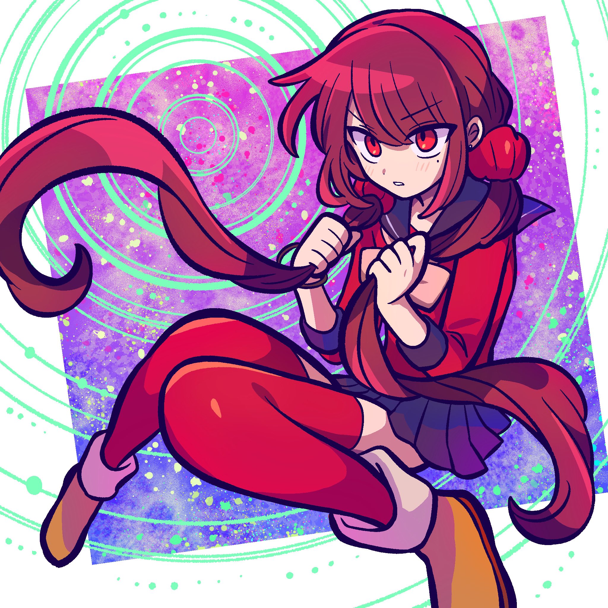 hichimochi (4gdq1cyagsnyqqz), harukawa maki, danganronpa (series), danganronpa v3: killing harmony, commentary, highres, 1girl, black sailor collar, blunt bangs, bow, bowtie, brown hair, earrings, grey bow, grey bowtie, hair ornament, hair scrunchie, holding, holding own hair, jewelry, knees together feet apart, light blush, long hair, long sleeves, low twintails, mole, mole under eye, parted lips, pleated skirt, red eyes, red scrunchie, red shirt, red thighhighs, sailor collar, school uniform, scrunchie, shirt, skirt, solo, stud earrings, thick lineart, thighhighs, toon (style), twintails, very long hair