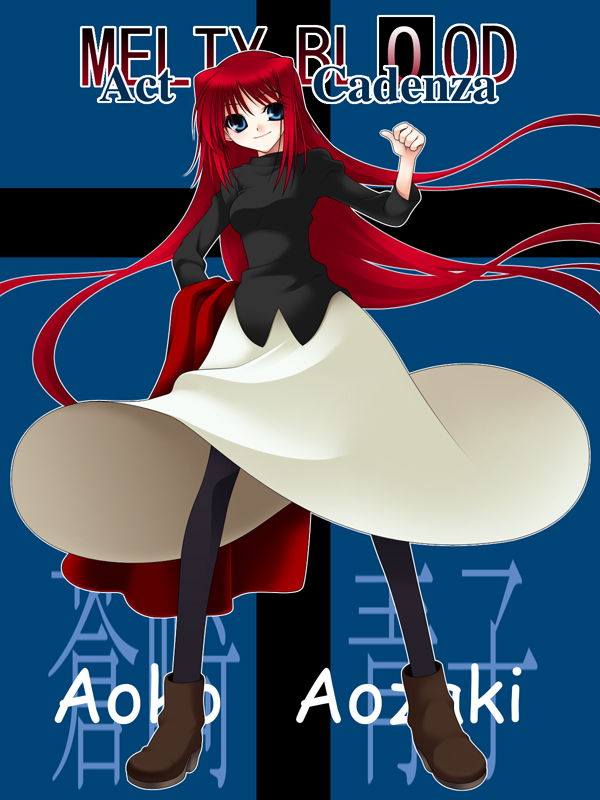 nimiya, aozaki aoko, melty blood, tsukihime, type-moon, 00s, 1girl, blue eyes, copyright name, dress, female focus, hair intakes, pantyhose, red hair, solo