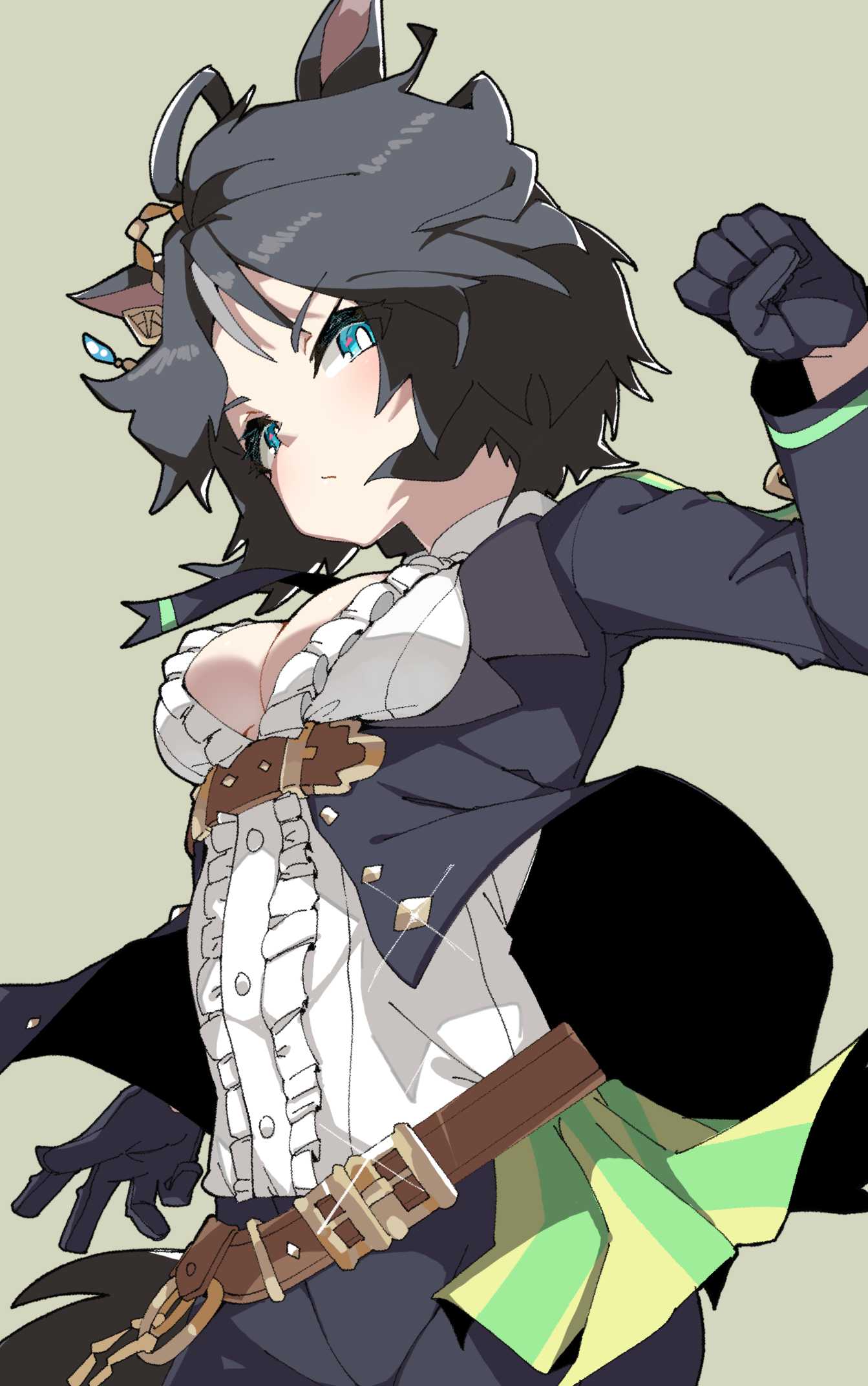 archives.gokulism, fuji kiseki (umamusume), umamusume, commentary, highres, 1girl, ahoge, animal ears, belt, black hair, black jacket, black necktie, black pants, blue eyes, breasts, brown belt, center frills, cleavage, clenched hand, closed mouth, collared shirt, cowboy shot, ear ornament, ear piercing, frilled shirt, frills, glint, gloves, hand up, horse ears, horse girl, horse tail, jacket, long sleeves, looking at viewer, medium breasts, multicolored hair, necktie, pants, partially unbuttoned, piercing, shirt, short hair, sidelocks, simple background, solo, standing, tail, underbust, white hair