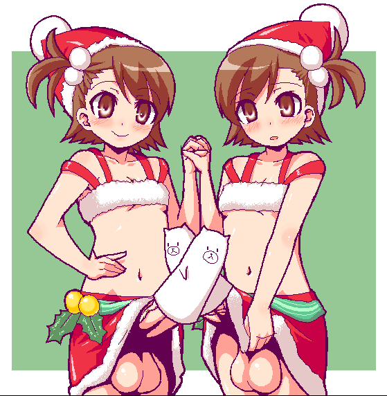 07 hole, futami ami, futami mami, idolmaster, idolmaster (classic), 00s, 2futa, brown eyes, brown hair, christmas, clothes lift, flat chest, frottage, futa with futa, futanari, hair bobbles, hair ornament, holding hands, huge testicles, midriff, multiple futa, navel, no panties, penis, puppet, santa costume, siblings, sisters, skirt, skirt lift, sock on penis, socks, symmetrical hand pose, testicles, twins