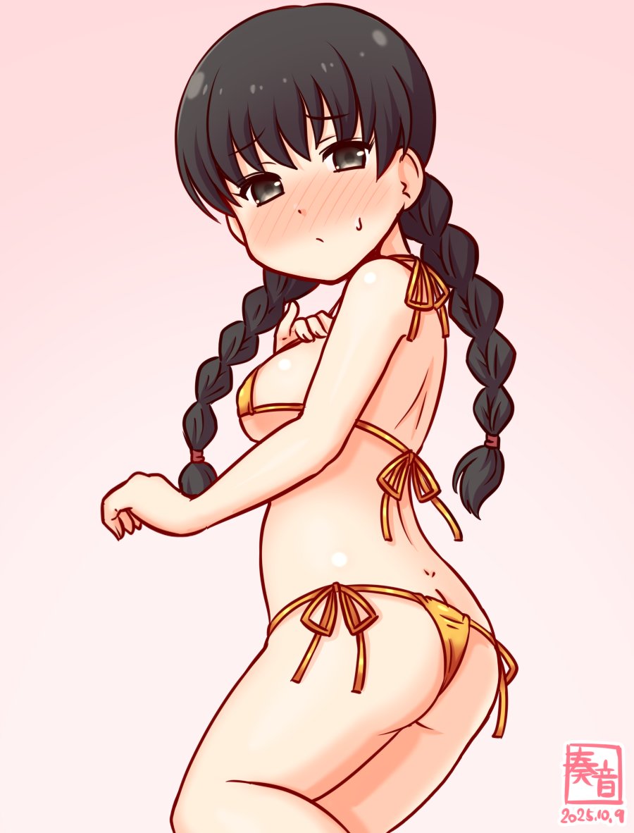 kanon (kurogane knights), landing ship no. 101 (kancolle), kantai collection, commentary request, 1girl, artist logo, ass, bikini, black eyes, black hair, blush, braid, breasts, dated, feet out of frame, from behind, gold bikini, logo, looking at viewer, low twin braids, low twintails, lowleg, lowleg bikini, medium breasts, micro bikini, nose blush, one-hour drawing challenge, side-tie bikini bottom, solo, swimsuit, twin braids, twintails