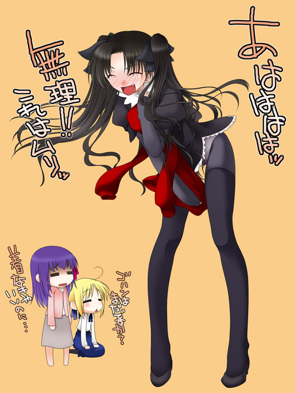 nimiya, artoria pendragon (fate), caren hortensia, matou sakura, saber (fate), tohsaka rin, fate/hollow ataraxia, fate/stay night, fate (series), translated, 3girls, black hair, blonde hair, blush, caren hortensia (cosplay), caren ortensia (cosplay), chibi, cosplay, fang, laughing, layered sleeves, multiple girls, panties, pantyhose, purple hair, twintails, two side up, underwear