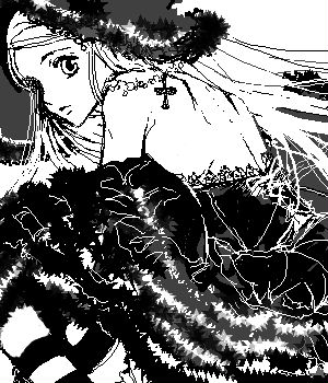 lowres, 00s, 1girl, blush, bonnet, cross, female focus, from behind, greyscale, latin cross, long hair, looking at viewer, looking back, matsuoka chiyuki, millennium snow, monochrome, sennen no yuki, simple background, solo, white background