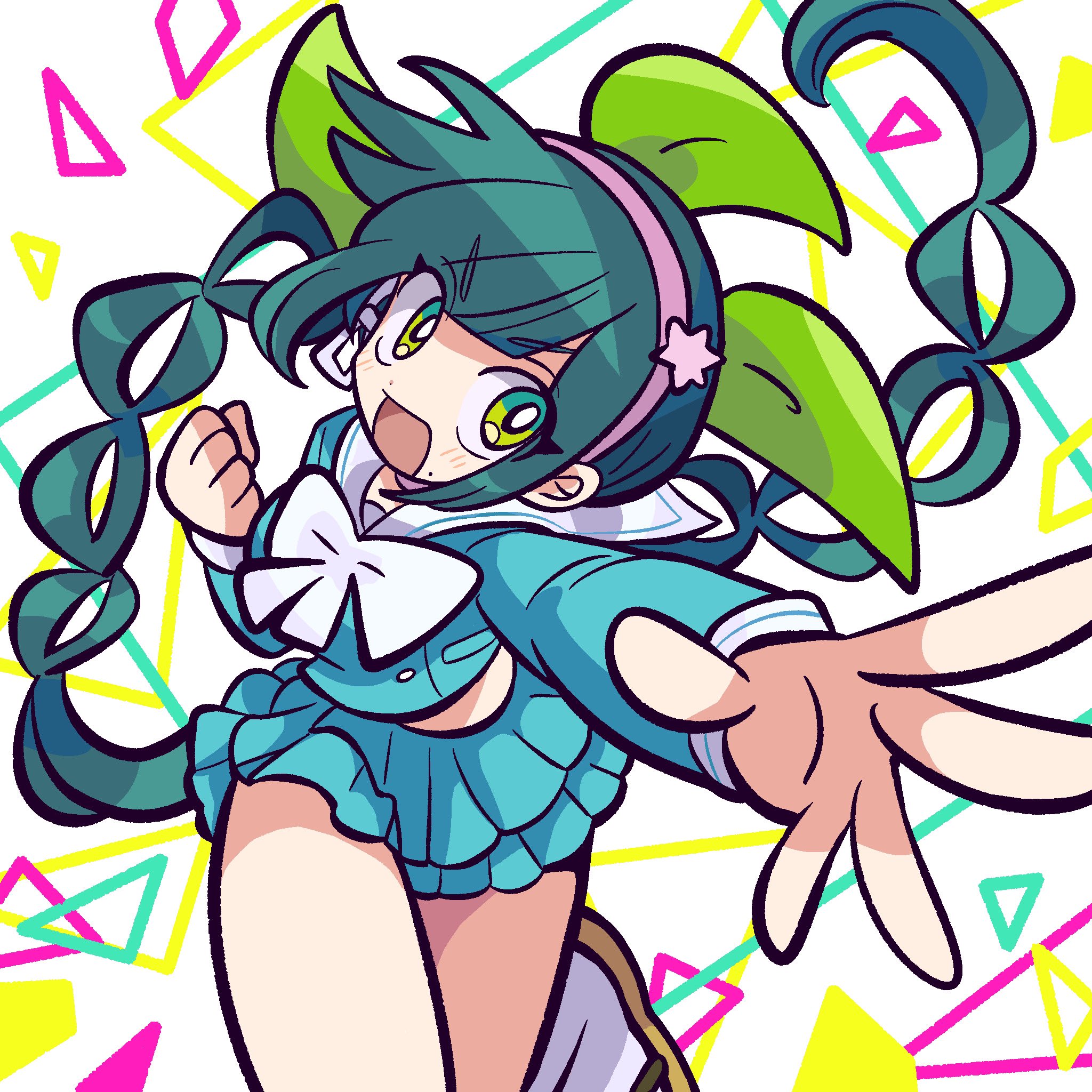 hichimochi (4gdq1cyagsnyqqz), chabashira tenko, danganronpa (series), danganronpa v3: killing harmony, highres, 1girl, black hair, blush, bow, bright pupils, choker, clenched hand, cowboy shot, dynamic pose, green eyes, green hair, hair ribbon, hairband, incoming attack, layered skirt, long hair, long sleeves, looking at viewer, low twintails, mole, mole under mouth, open mouth, pink choker, pink hairband, pleated skirt, reaching, reaching towards viewer, ribbon, sailor collar, school uniform, shirt, skirt, smile, solo, thighs, toon (style), twintails, very long hair, white pupils