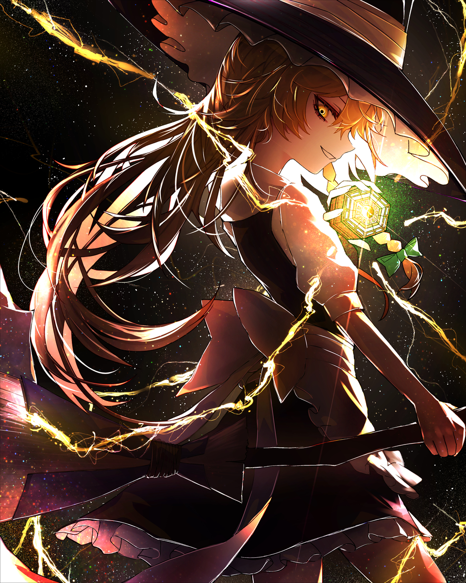 33 gaff, kirisame marisa, touhou, commentary, highres, 1girl, apron, back bow, black background, black hat, black skirt, black vest, blonde hair, bow, braid, broom, cowboy shot, dark, electricity, energy, frilled skirt, frills, hat, holding, holding broom, light rays, long hair, mini-hakkero, profile, puffy short sleeves, puffy sleeves, shirt, short sleeves, single braid, skirt, smile, solo, vest, waist apron, white apron, white bow, white shirt, witch hat, yellow eyes