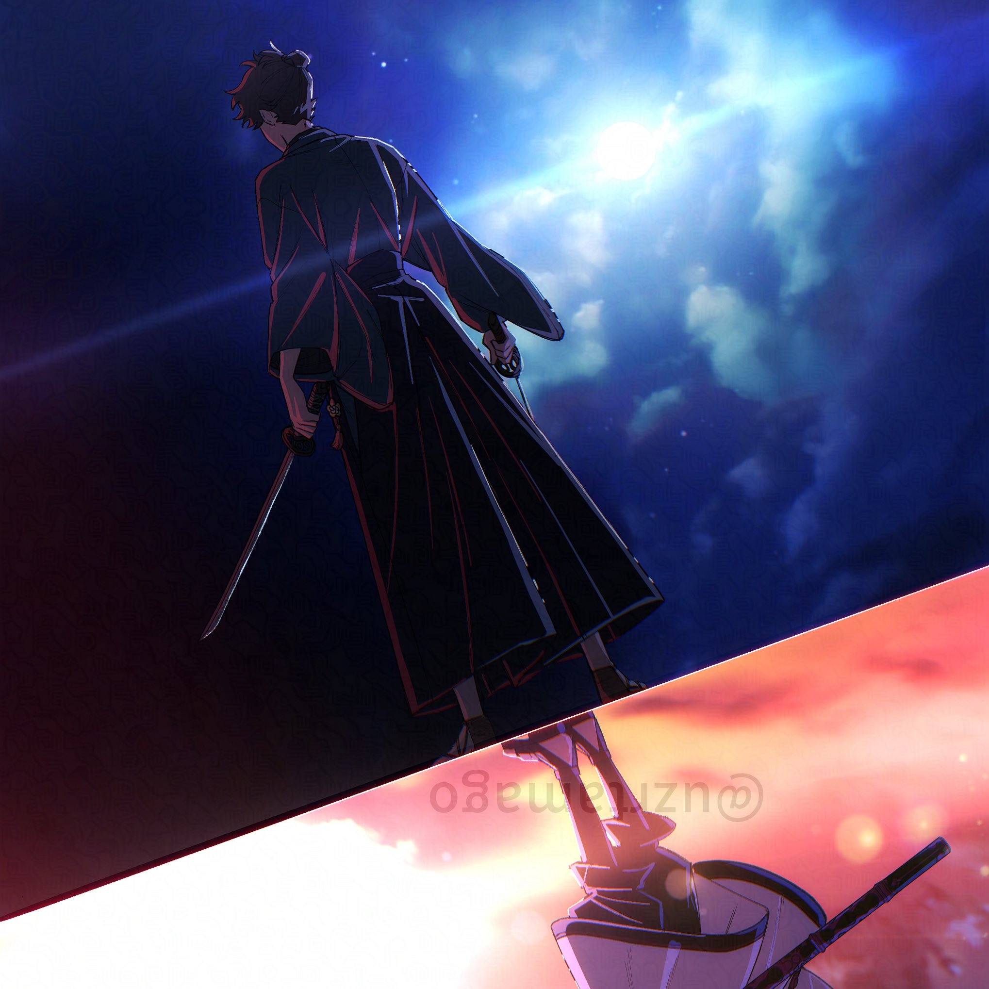 uzura (uzrtamago), miyamoto iori (fate), yamato takeru (fate), fate/samurai remnant, fate (series), highres, 1boy, 1other, black hair, black hakama, blue kimono, dawn, different reflection, dual wielding, from behind, full body, hakama, holding, japanese clothes, katana, kimono, long sleeves, night, night sky, reflection, sandals, sky, sword, sword on back, topknot, unsheathed, waraji, weapon, weapon on back