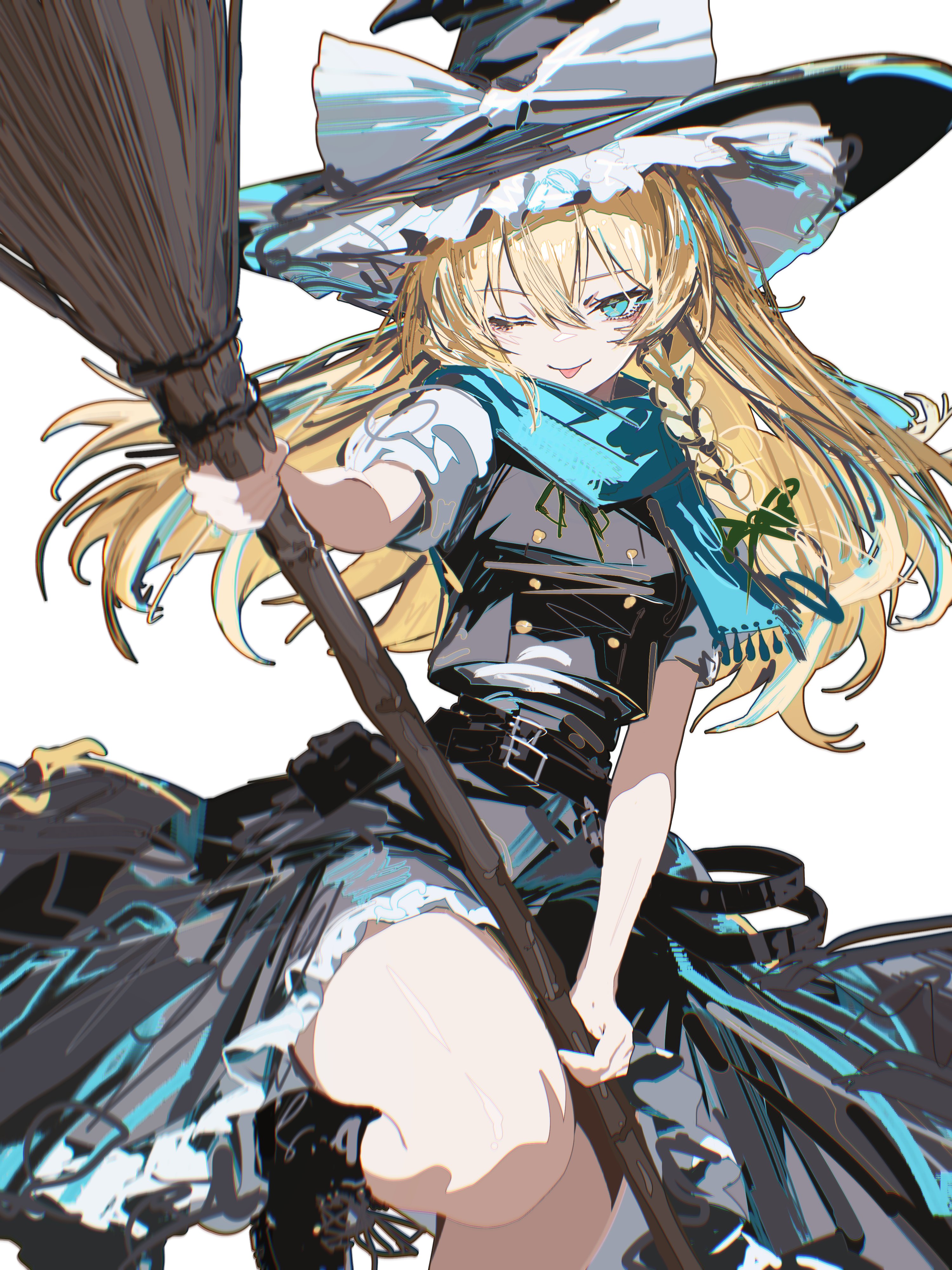 vxdrq, kirisame marisa, touhou, absurdres, commentary, highres, 1girl, ;p, aqua eyes, aqua scarf, belt, black belt, black boots, black hat, black vest, blonde hair, boots, bow, braid, broom, buttons, green ribbon, hair ribbon, hat, hat bow, holding, holding broom, long hair, looking at viewer, one eye closed, puffy short sleeves, puffy sleeves, ribbon, scarf, shirt, short sleeves, side braid, simple background, single braid, solo, tongue, tongue out, vest, white background, white bow, white shirt, witch hat