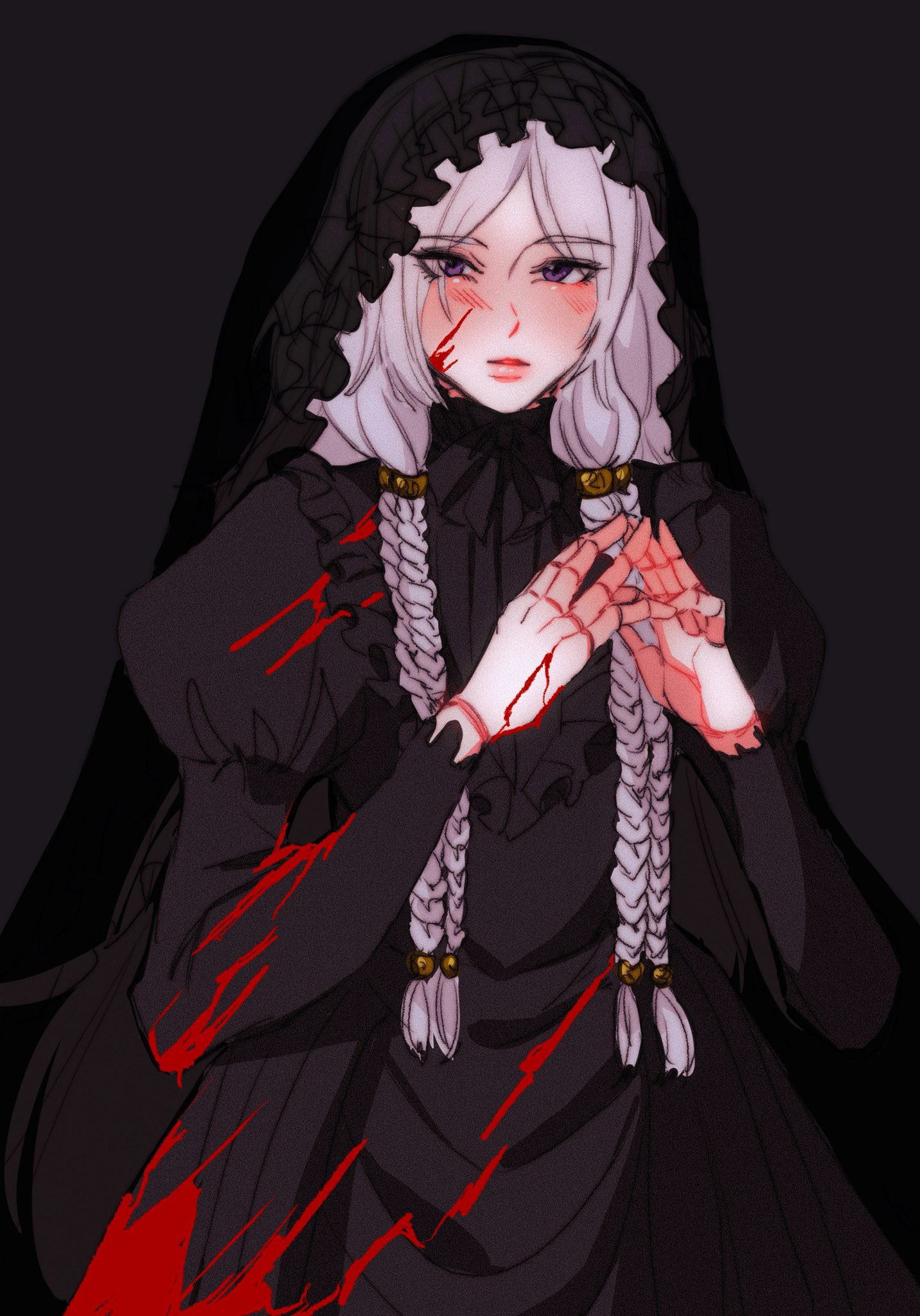 zunkome, revenant (elden ring), elden ring, elden ring nightreign, highres, 1girl, black background, black dress, black veil, blood, blood on clothes, blood on face, braid, doll joints, dress, head wreath, joints, long hair, looking at viewer, low twin braids, purple eyes, simple background, solo, twin braids, veil, white background