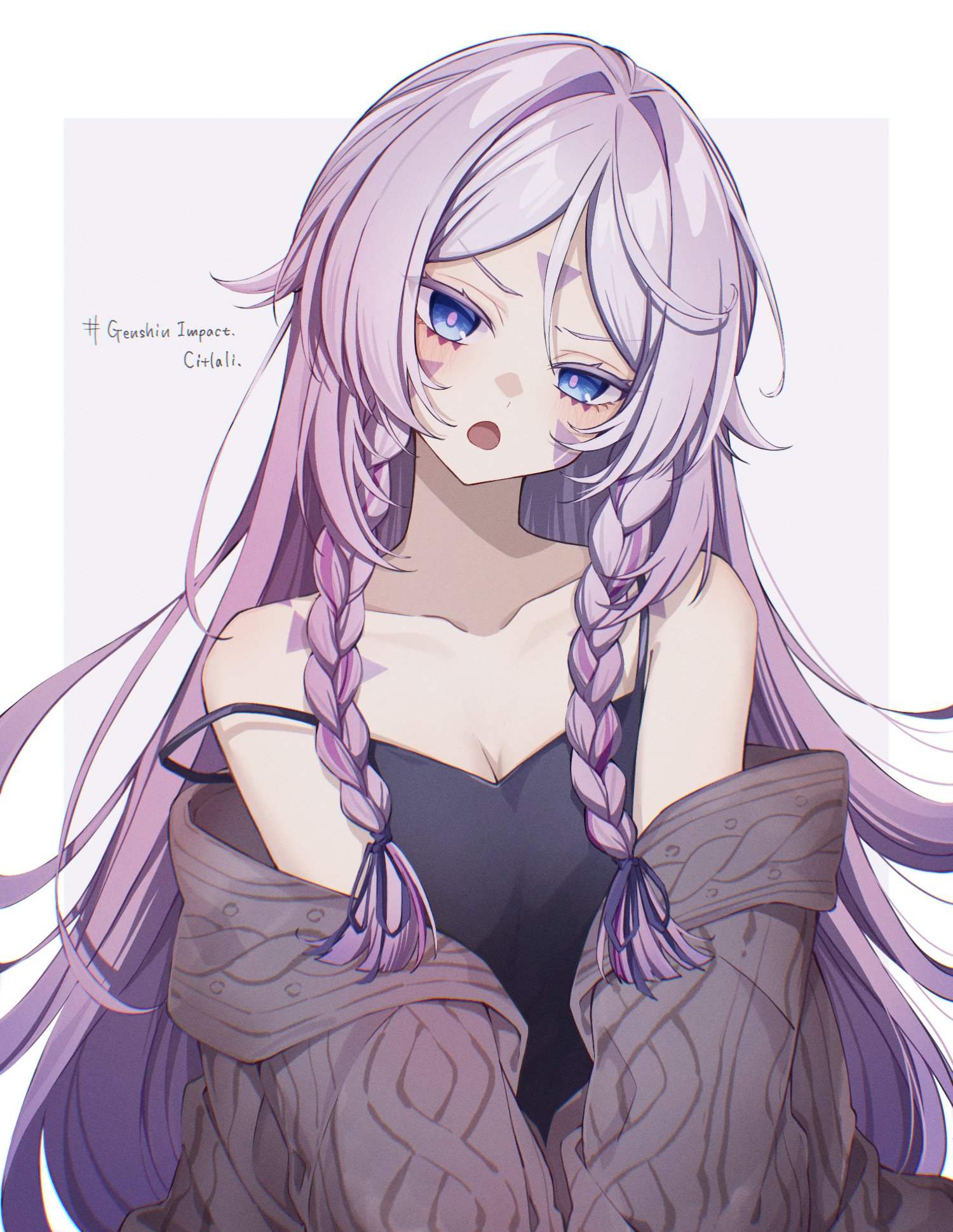 yanagida shiina, citlali (genshin impact), genshin impact, highres, 1girl, alternate costume, bare shoulders, black camisole, blue eyes, blush, border, braid, breasts, camisole, cardigan, cardigan partially removed, character name, cleavage, collarbone, copyright name, facial mark, forehead mark, gradient hair, grey background, hair intakes, head tilt, long hair, looking at viewer, multicolored hair, open mouth, pink hair, pink pupils, solo, spaghetti strap, strap slip, triangle, triangle facial mark, twin braids, upper body, white border