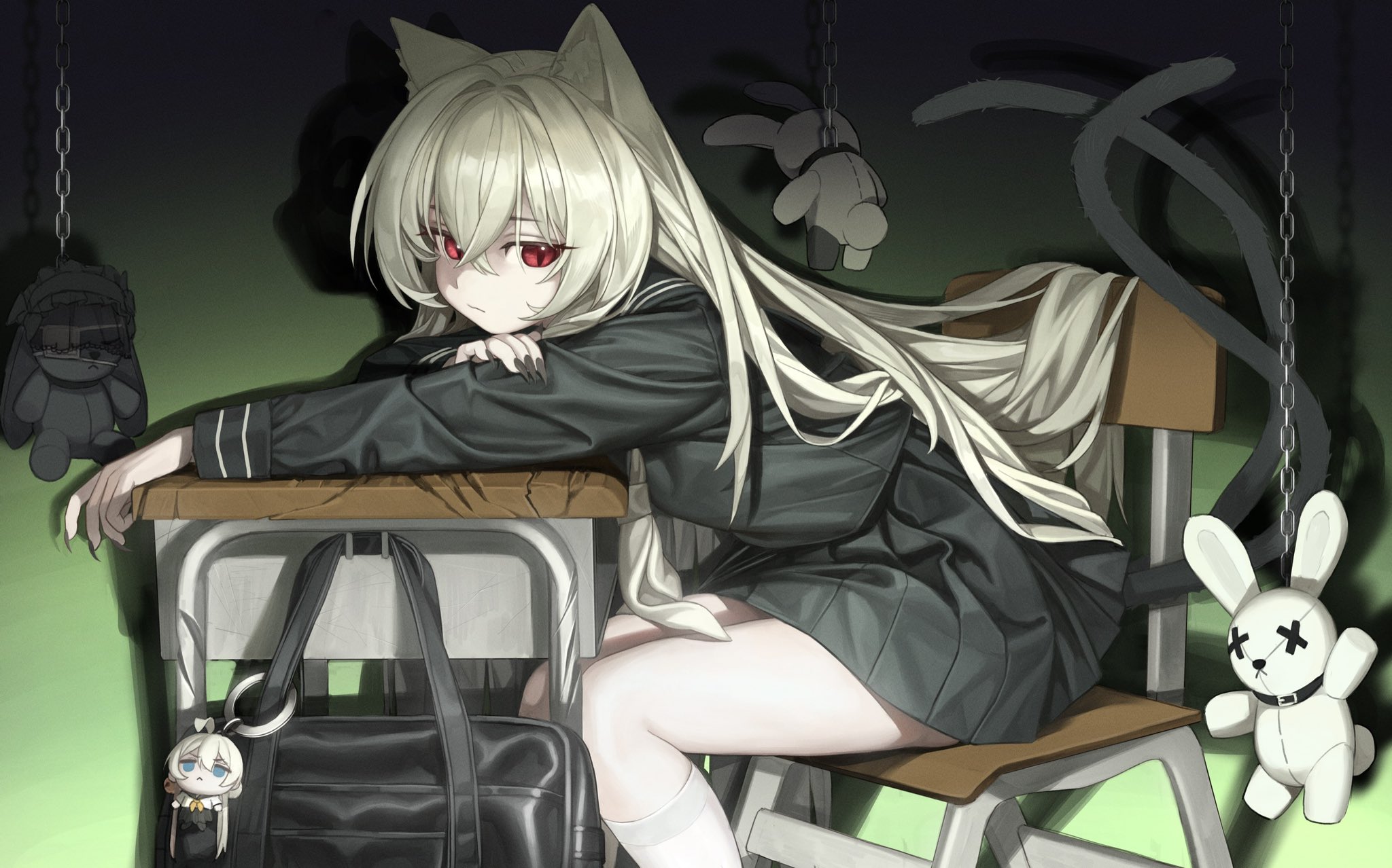 naruto maki (naruto05), original, commentary, highres, 1girl, :/, animal ears, black nails, black shirt, black skirt, black tail, blonde hair, cat girl, chair, closed mouth, desk, feet out of frame, fingernails, hair intakes, kneehighs, long hair, long sleeves, looking at viewer, miniskirt, multiple tails, nekomata, on chair, pleated skirt, red eyes, shirt, sitting, skirt, slit pupils, socks, solo, stuffed toy, tail, very long hair, white socks