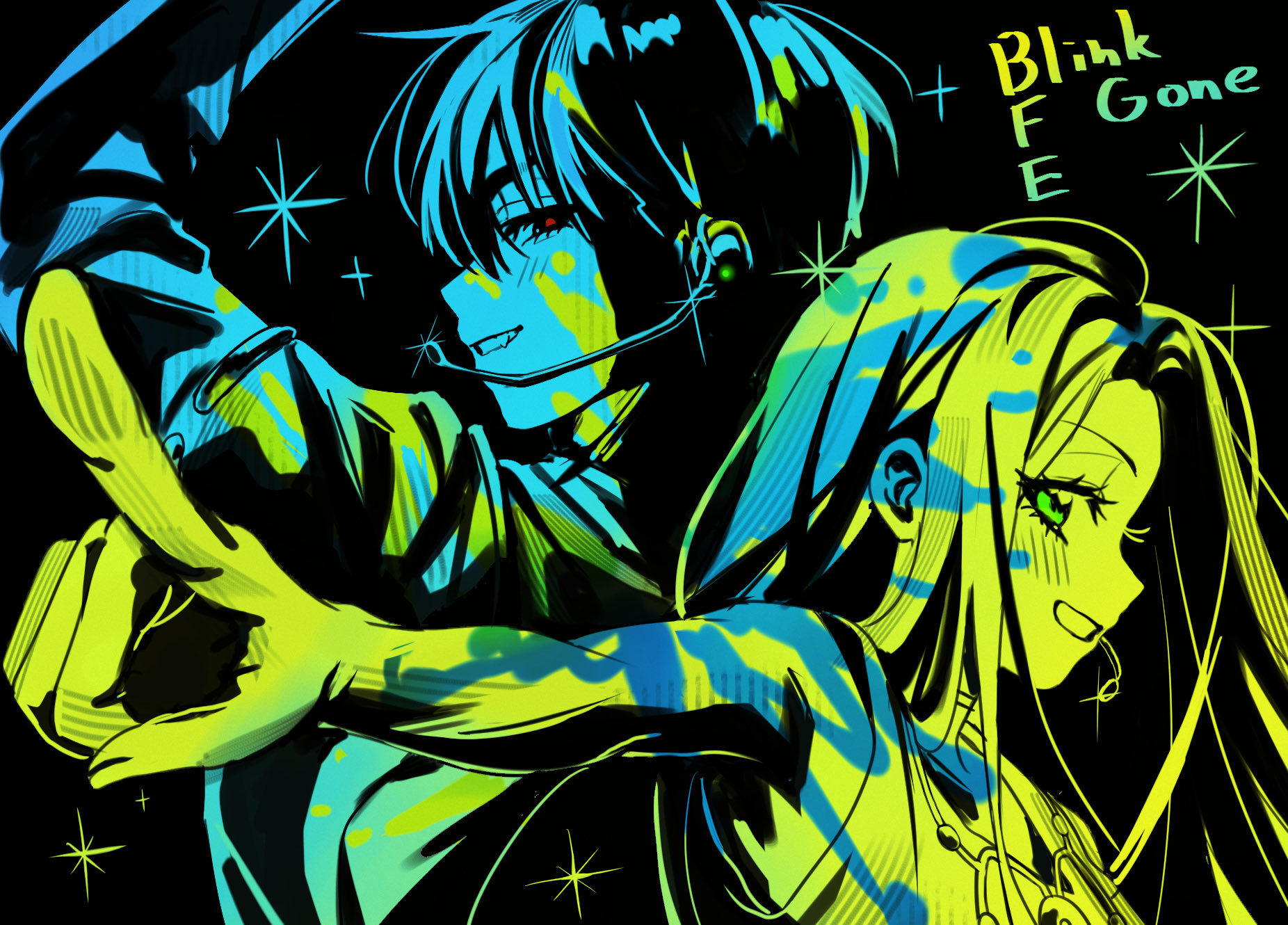 7eiaq3939, ivan (alien stage), mizi (alien stage), alien stage, commentary, english commentary, highres, 1boy, 1girl, arm up, back-to-back, english text, green eyes, headset, limited palette, long hair, microphone, outstretched arm, pointing, red pupils, short hair, smile, song name, very short hair