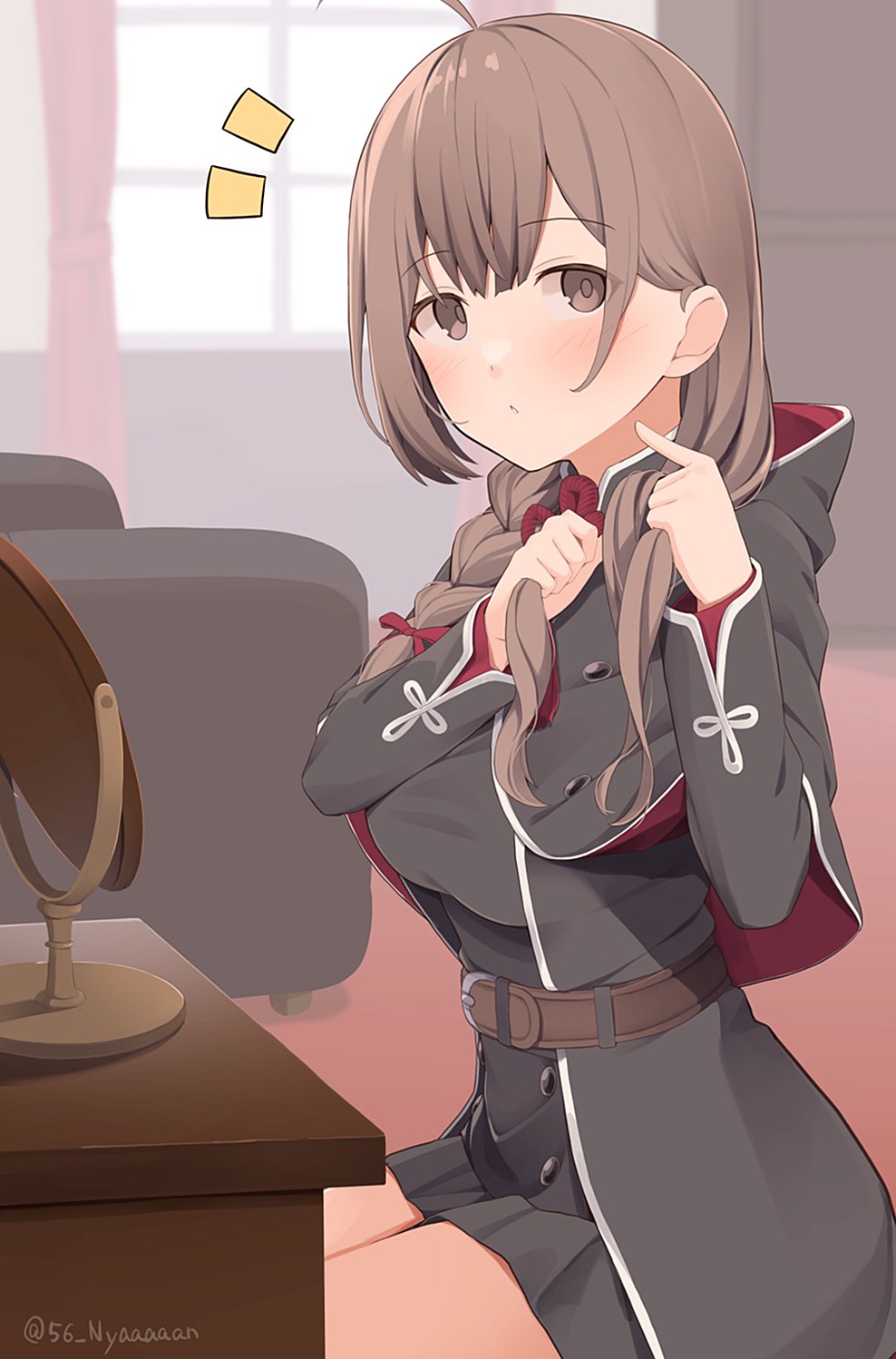 befu, shinshuu maru (kancolle), kantai collection, highres, 1girl, belt, black capelet, black dress, braid, brown belt, brown eyes, brown hair, capelet, couch, dress, feet out of frame, holding, holding own hair, hood, hood down, hooded capelet, long hair, mirror, notice lines, pleated dress, single braid, sitting, solo