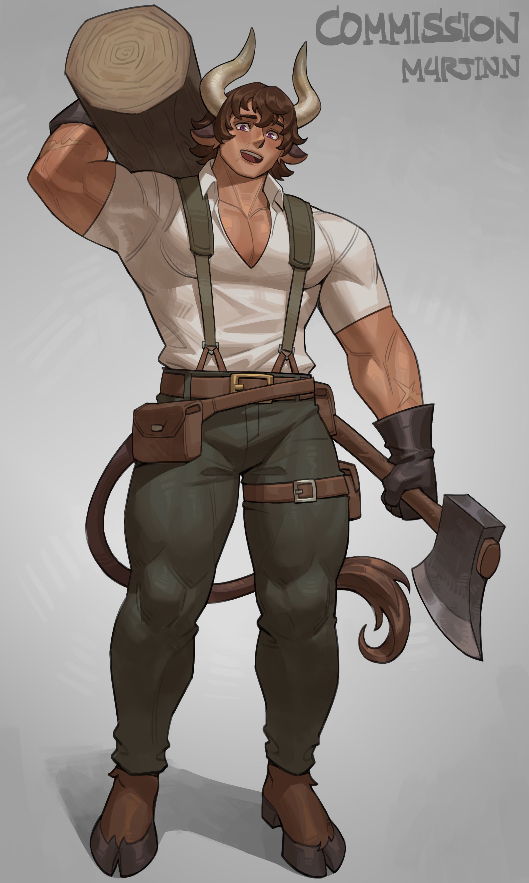m4rjinn, original, absurdres, commentary, commission, english commentary, highres, 1boy, animal ears, artist name, axe, belt, black gloves, blush, brown belt, brown hair, brown tail, collarbone, collared shirt, cow boy, cow ears, cow horns, cow tail, full body, gloves, grey horns, grey overalls, grey pants, holding, holding axe, holding log, hooves, horns, looking at viewer, male focus, muscular, muscular male, nose, open mouth, overalls, pants, pectoral cleavage, pectorals, purple eyes, scar, scar on arm, scar on face, scar on mouth, shirt, short hair, short sleeves, solo, standing, suspenders, tail, teeth, thigh belt, thigh strap, upper teeth only, white shirt