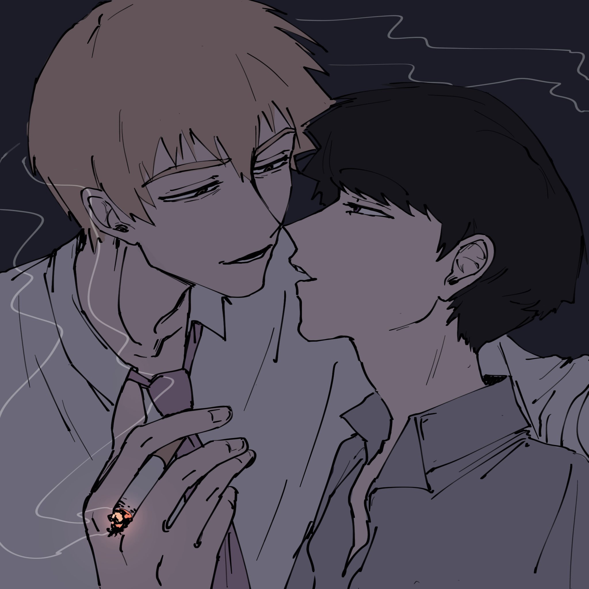 kageyama shigeo, reigen arataka, mob psycho 100, highres, 100popsicle, 2boys, age difference, aged up, black hair, blonde hair, bowl cut, cigarette, holding, holding cigarette, male focus, multiple boys, necktie, shirt, short hair, simple background, smile, yaoi