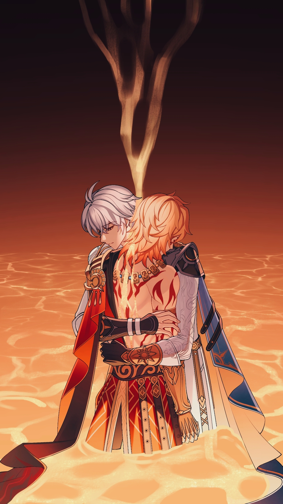 mydei (honkai: star rail), phainon (honkai: star rail), honkai: star rail, honkai (series), chinese commentary, commentary request, highres, 2boys, antenna hair, arm tattoo, armlet, back tattoo, black coat, black gloves, black shirt, blonde hair, blue eyes, braid, clawed gauntlets, coat, facial tattoo, fingerless gloves, gloves, gradient hair, hug, jewelry, male focus, medium hair, multicolored hair, multiple boys, open clothes, open coat, parted bangs, partially submerged, red hair, red tattoo, shirt, short hair, side braid, single glove, tattoo, white coat, white hair, xinjinjumin420709249785, yaoi, yellow blood