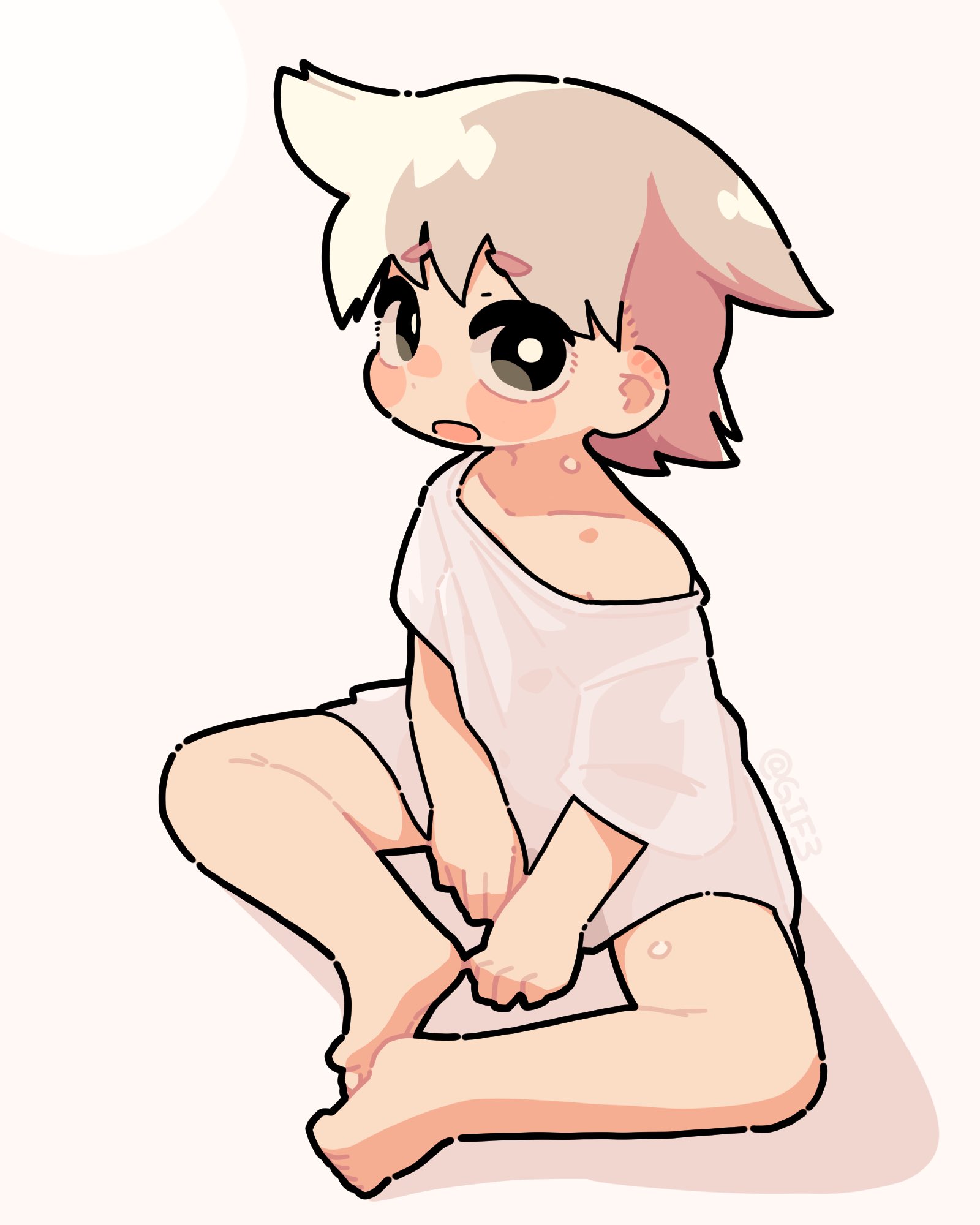 ugif, original, highres, 1girl, barefoot, blonde hair, blush stickers, bright pupils, hair ears, naked shirt, open mouth, shirt, short hair, short sleeves, simple background, single bare shoulder, sitting, solo, sweat, t-shirt, white background, white pupils, white shirt