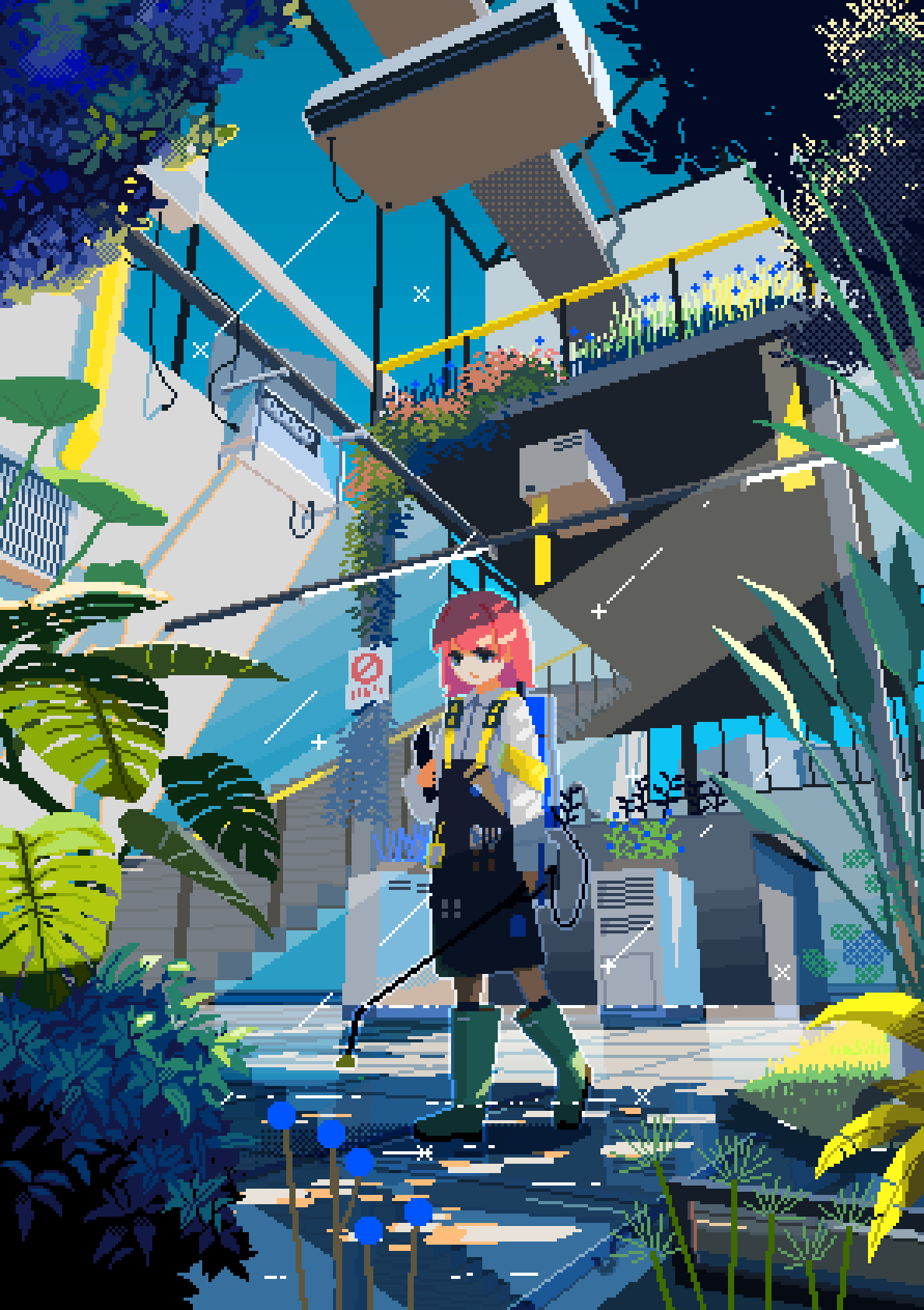 apo (rairaru20001), original, highres, 1girl, apron, black apron, blue sky, boots, conservatory, dithering, fern, light rays, long sleeves, pink hair, pixel art, plant, rubber boots, shirt, sky, solo, stairs, standing, sunlight, vines, white shirt