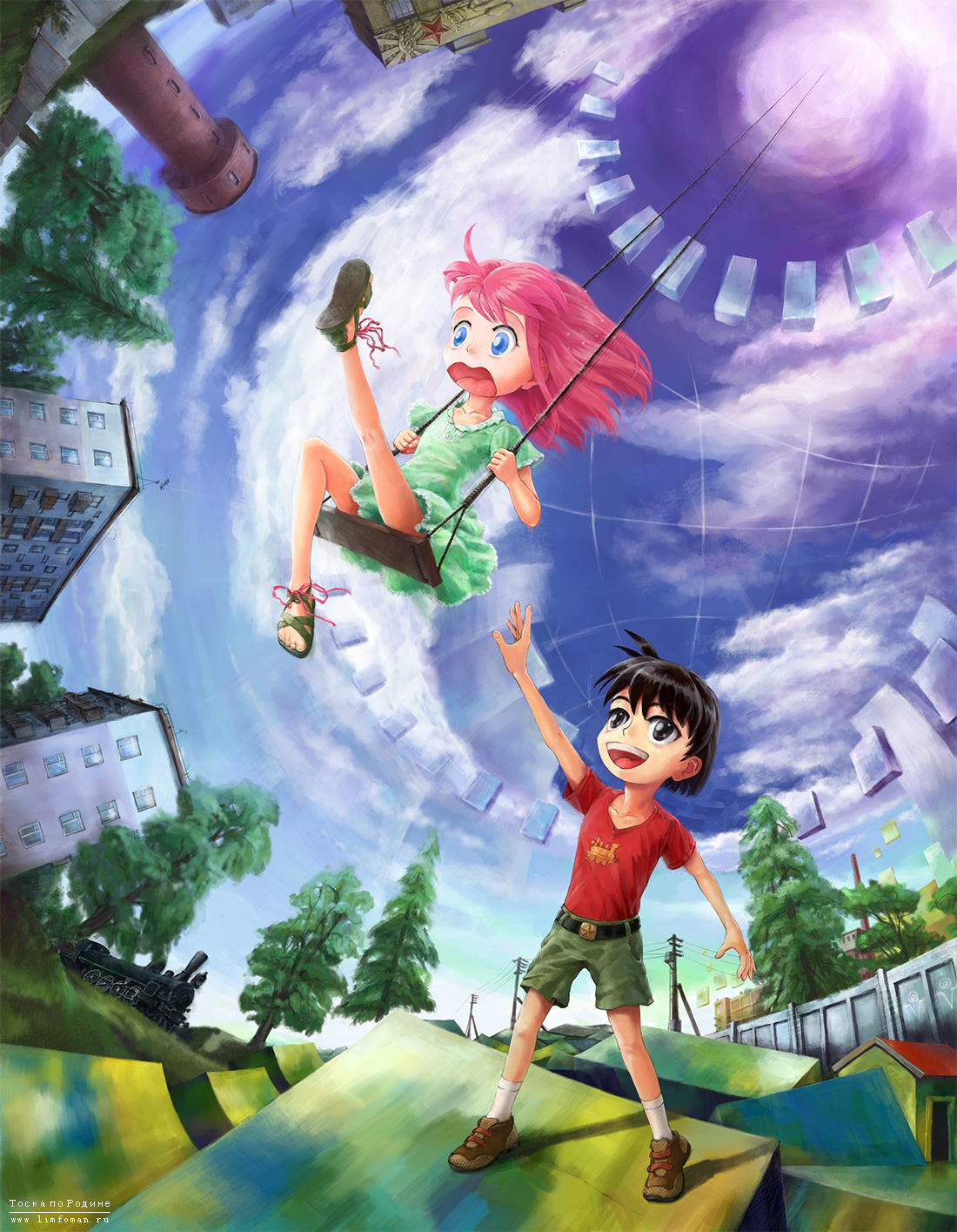 limfoman, original, swinging, highres, 1boy, 1girl, child, dress, floating hair, full body, green dress, kneepits, landscape, looking at another, nature, on swing, open mouth, outdoors, outstretched leg, pink hair, russia, sandals, shoes, sitting, sky, smile, swing