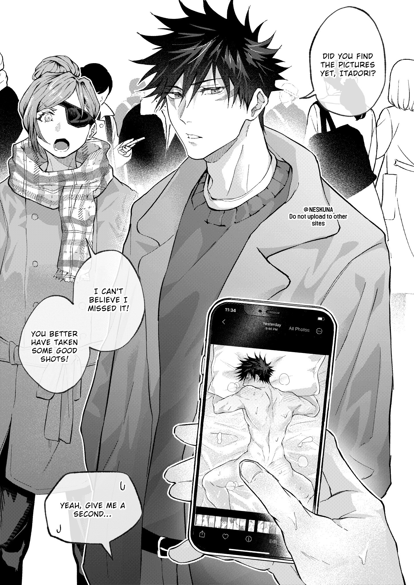 neskuna, fushiguro megumi, itadori yuuji, kugisaki nobara, jujutsu kaisen, highres, 1girl, 2boys, belt, crowd, english text, fingernails, greyscale, holding, holding phone, looking at viewer, male focus, monochrome, multiple boys, out of frame, phone, scar, scar on face, short hair, speech bubble, standing, twitter username, yaoi