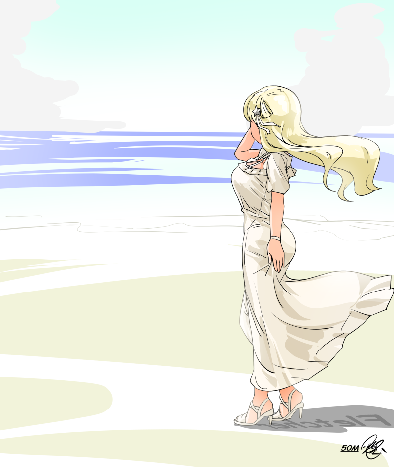 tsukino murakumo, fletcher (10th anniversary) (kancolle), fletcher (kancolle), kantai collection, 1girl, beach, breasts, character name, dress, folded hair, large breasts, long hair, one-hour drawing challenge, shoes, solo, white dress, white shoes