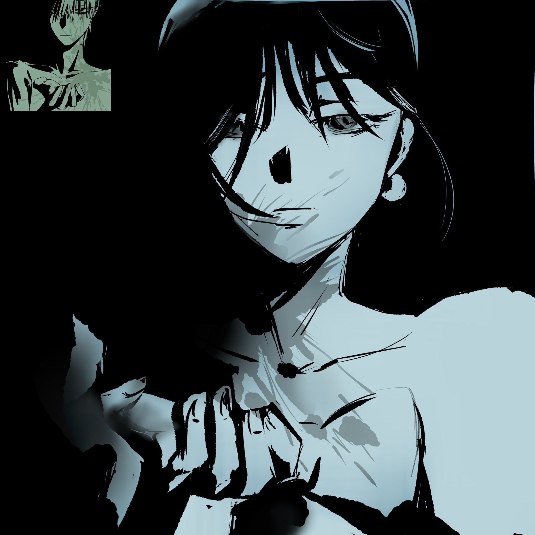 sua (alien stage), alien stage, commentary, derivative work, hashtag-only commentary, highres, 1girl, album cover redraw, blood, blood on face, blood on neck, blood splatter, blue theme, earrings, jewelry, limited palette, outstretched hand, solo, vyenvyon