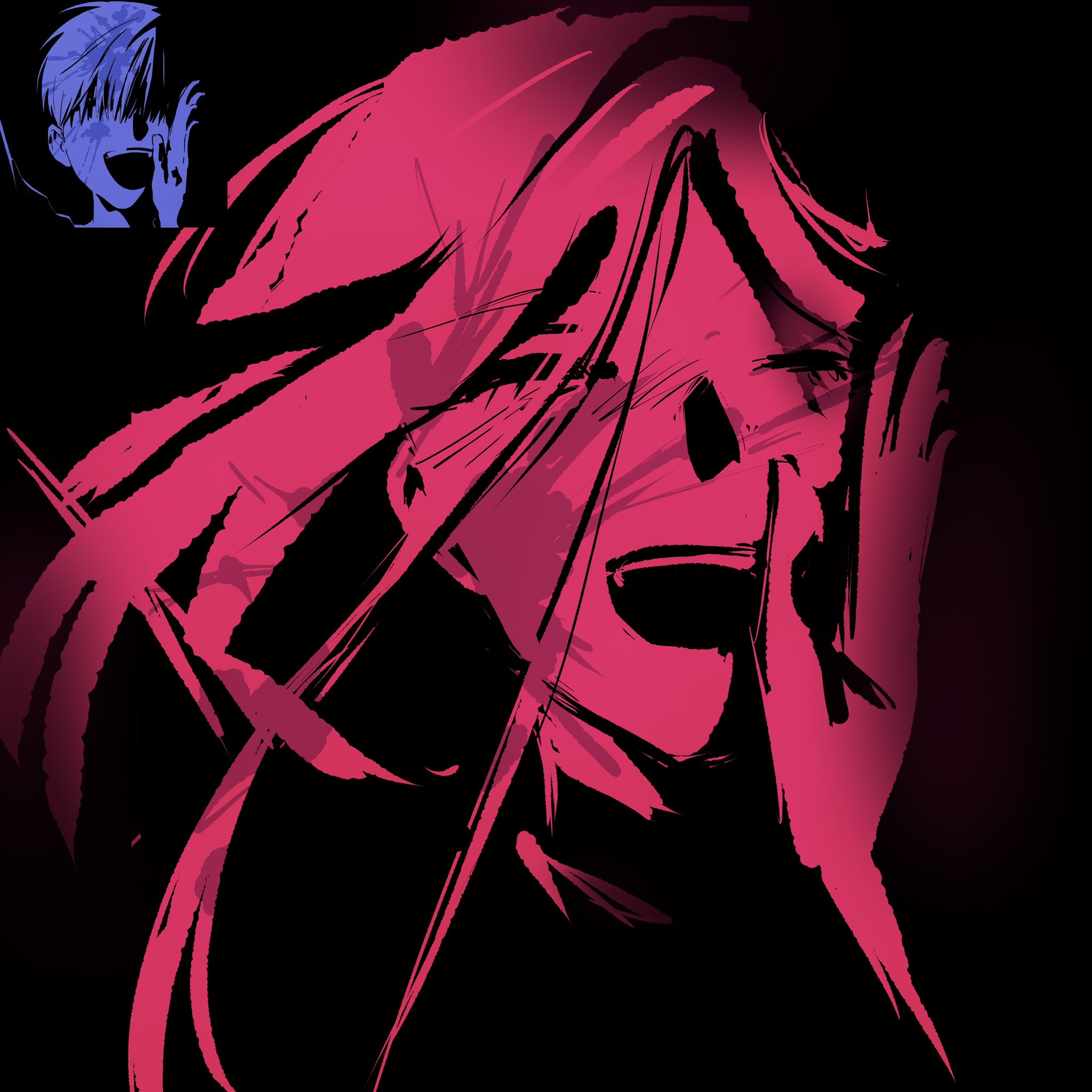 mizi (alien stage), alien stage, commentary, derivative work, hashtag-only commentary, highres, 1girl, album cover redraw, blood, blood on face, blood splatter, closed eyes, hand to own mouth, limited palette, long hair, open mouth, pink theme, smile, solo, vyenvyon