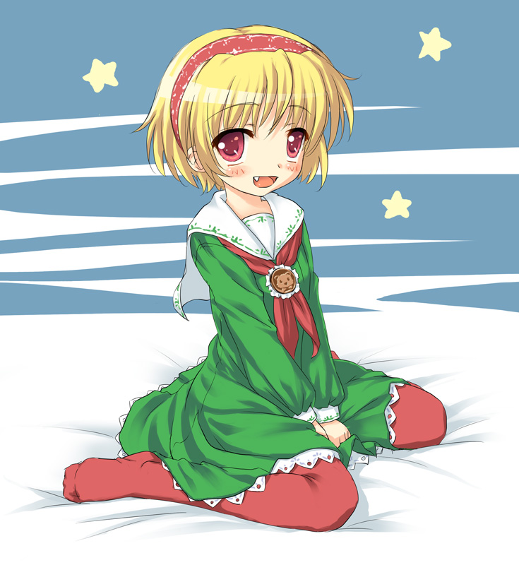 broiler, houjou satoko, higurashi no naku koro ni, bad id, bad pixiv id, 00s, 1girl, between thighs, blonde hair, blush, christmas, dress, fang, female focus, hairband, lingerie, no shoes, pantyhose, petticoat, red eyes, red pantyhose, sailor dress, short hair, sitting, solo, star (symbol), underwear, v arms, wariza