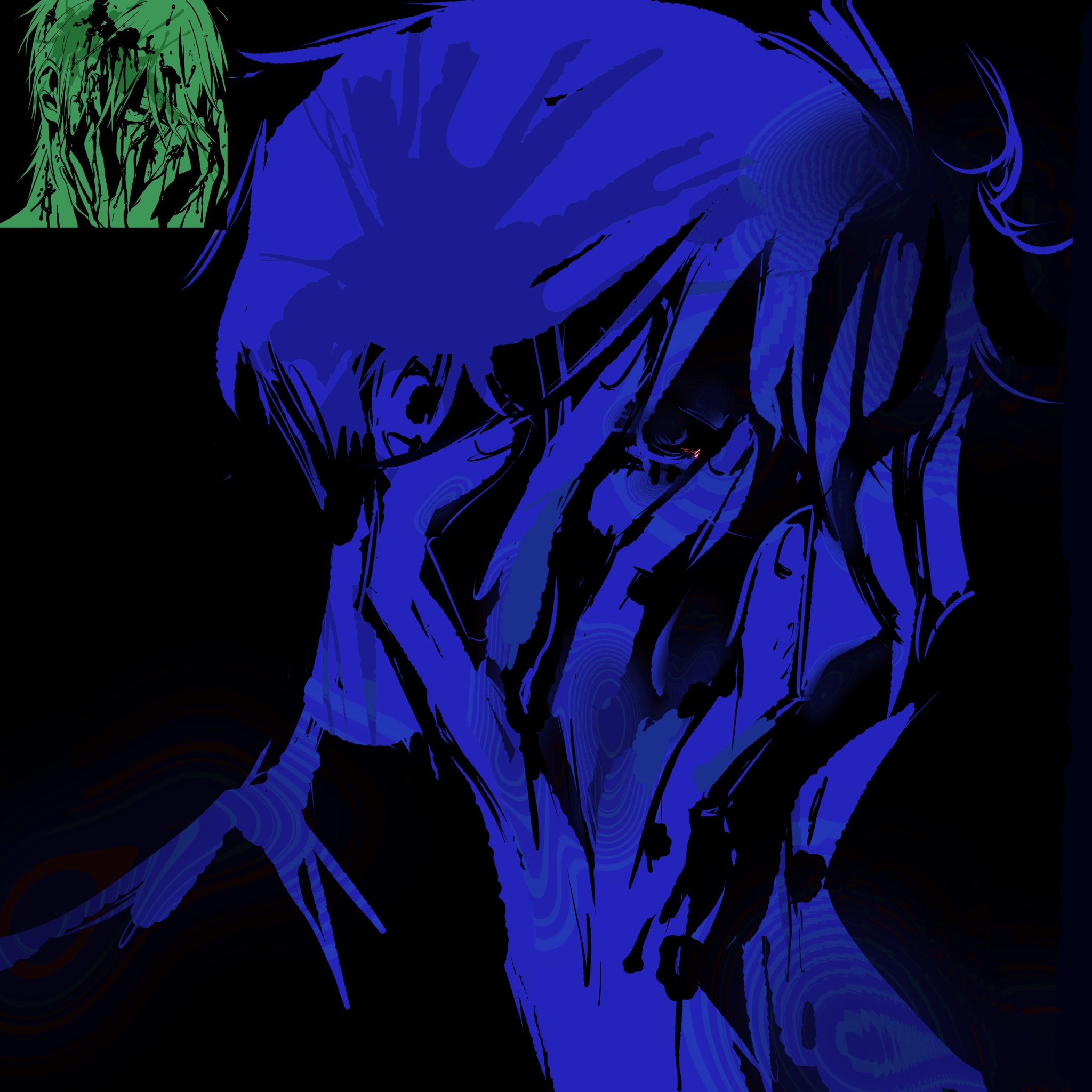 ivan (alien stage), alien stage, commentary, derivative work, hashtag-only commentary, highres, 1boy, album cover redraw, blood, blood in hair, blood splatter, blue theme, hands on own face, limited palette, male focus, short hair, solo, very short hair, vyenvyon