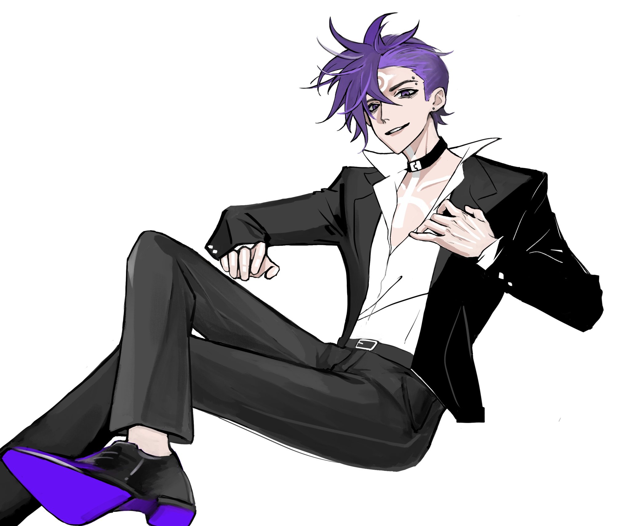 dragon boy (to be hero x), to be hero, to be hero x, highres, 1boy, :d, adjusting clothes, black coat, black hair, border, buzz cut, chest tattoo, coat, collar, crossed legs, ear piercing, elbow rest, eyebrow piercing, face piercing, facial mark, foot out of frame, full body, grin, head tilt, invisible chair, looking at viewer, luro cassel, male focus, mohawk, open mouth, partially open shirt, piercing, popped collar, purple eyes, purple hair, shirt, short hair, sitting, smile, solo, swept bangs, tattoo, very short hair, white border, white shirt