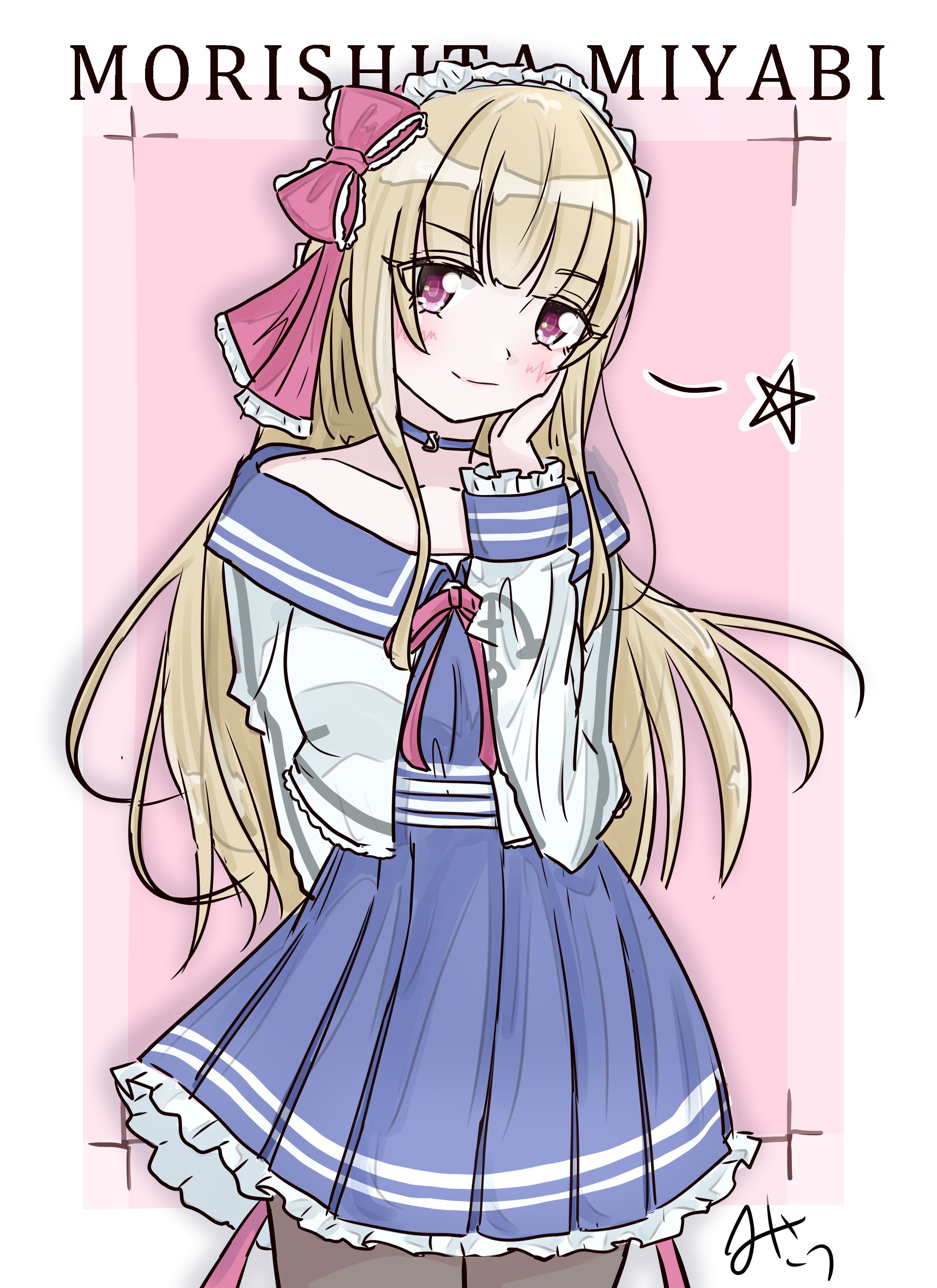 misau, assault lily, absurdres, commentary request, highres, 1girl, arm behind back, artist name, bare shoulders, blonde hair, blue choker, blue dress, blue sailor collar, blunt bangs, blush, border, bow, brown pantyhose, character name, choker, closed mouth, collarbone, cowboy shot, dress, frilled bow, frilled dress, frilled hairband, frilled sleeves, frills, hair bow, hairband, hand on own cheek, hand on own face, hand up, long hair, long sleeves, looking at viewer, morishita miyabi, neck ribbon, off-shoulder shirt, off shoulder, outside border, pantyhose, pink background, pink border, pink bow, pink ribbon, ribbon, sailor collar, school uniform, serafuku, shirt, sidelocks, simple background, smile, solo, standing, star (symbol), star symbol background, striped clothes, striped dress, very long hair, white border, white hairband, white shirt