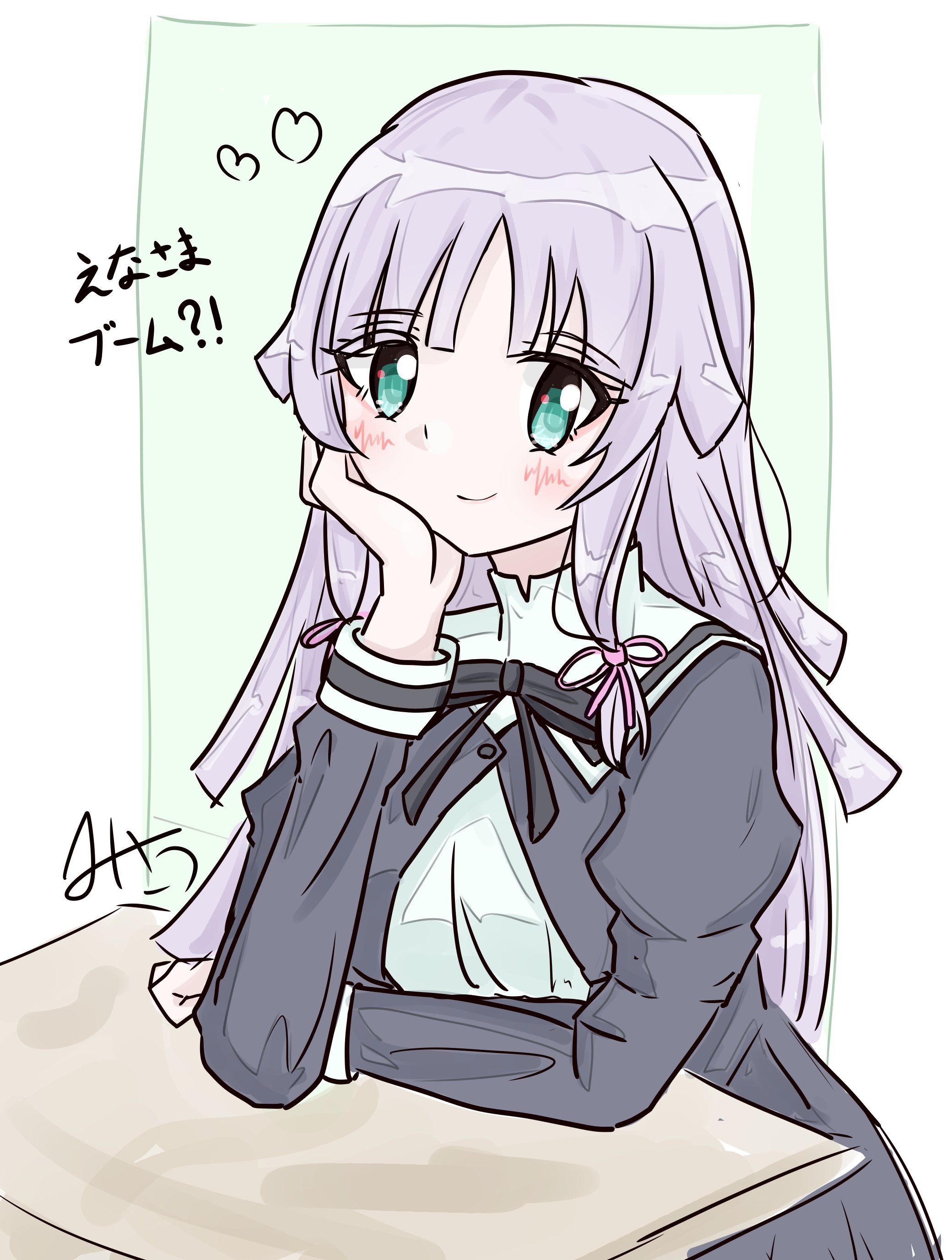 misau, banshouya ena, assault lily, absurdres, commentary request, highres, translation request, 1girl, aqua eyes, arm on table, artist name, black ribbon, black skirt, blunt bangs, blush, border, closed mouth, cropped jacket, desk, elbow on table, green background, hair ribbon, hand on own cheek, hand on own face, hands up, heart, high-waist skirt, juliet sleeves, long hair, long sleeves, looking at viewer, low-tied sidelocks, neck ribbon, outside border, pink ribbon, puffy sleeves, purple hair, ribbon, school desk, school uniform, shirt, sidelocks, simple background, skirt, smile, solo, upper body, white border, white shirt, yurigaoka girls academy school uniform