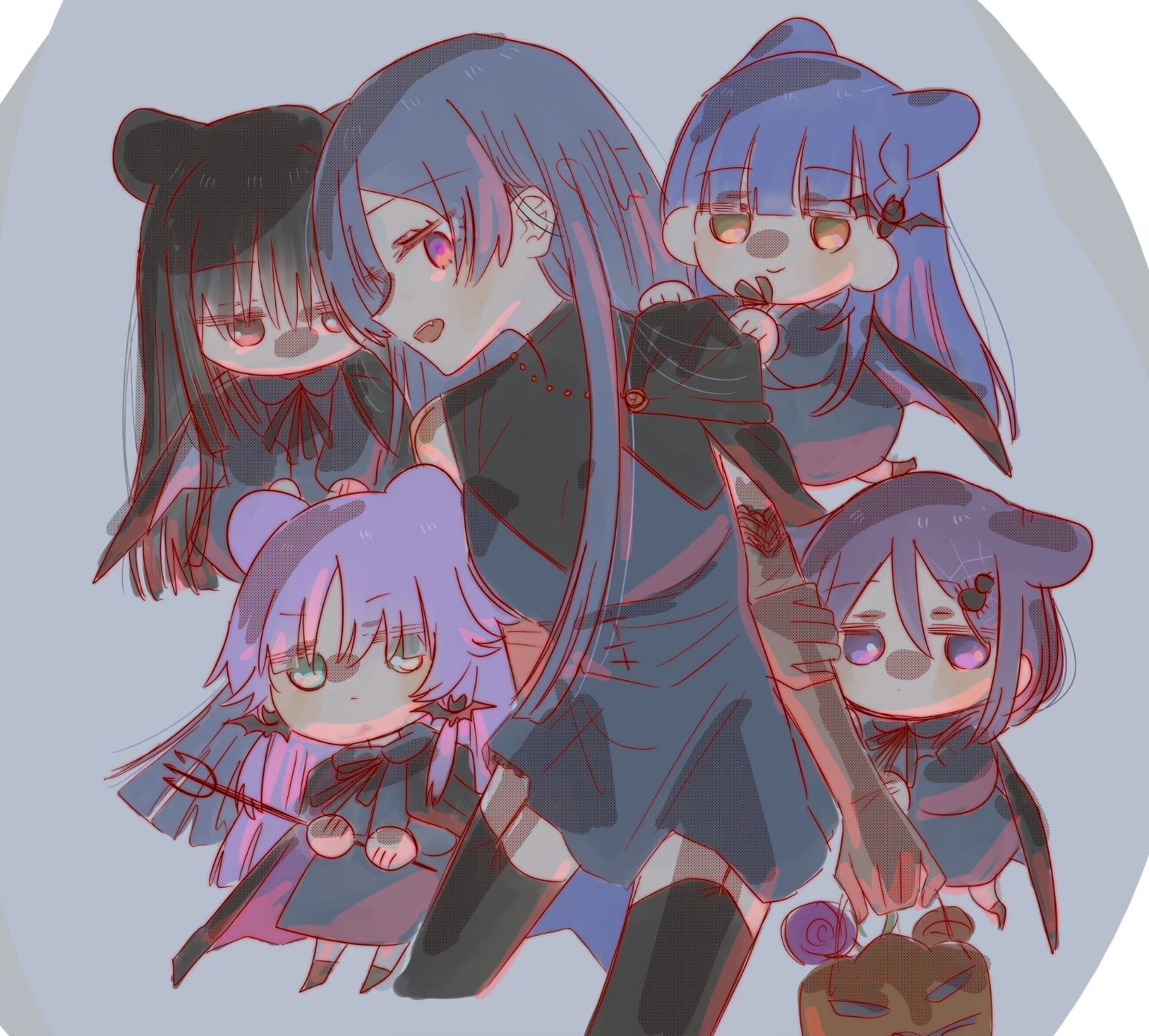 rui rui rui0122, aoki kaho, banshouya ena, watanabe akane, assault lily, commentary, highres, 5girls, akashi manaka, animal ears, aqua eyes, arm at side, arm behind back, bat hair ornament, black cape, black capelet, black hair, black ribbon, black shoes, black thighhighs, blue cape, blue hair, brown eyes, brown gloves, cape, capelet, cat ears, closed mouth, cowboy shot, cropped legs, dress, elbow gloves, fang, flying sweatdrops, garter straps, gloves, grey background, grey dress, hair between eyes, hair ornament, hairclip, halloween bucket, halloween costume, hand on own arm, hands on another's shoulder, hands up, holding, holding polearm, holding weapon, kemonomimi mode, long hair, looking at viewer, mini person, minigirl, multiple girls, neck ribbon, open mouth, pink cape, polearm, purple eyes, purple hair, ribbon, shoes, sidelocks, sleeveless, sleeveless dress, smile, spider hair ornament, standing, taniguchi hijiri, thighhighs, trident, two-sided cape, two-sided fabric, two-tone background, v-shaped eyebrows, very long hair, weapon, white background