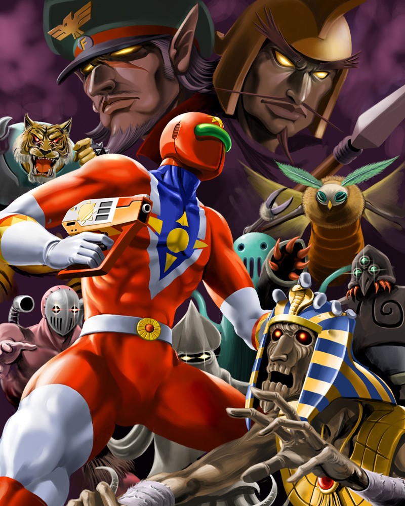 dorasu, armor tiger, gadgem, geirus, general hengel, general vamp, kaamenman, medario, mosqui, sunred, tentai senshi sunred, 00s, 6+boys, ancient egyptian, bodysuit, male focus, multiple boys, weapon