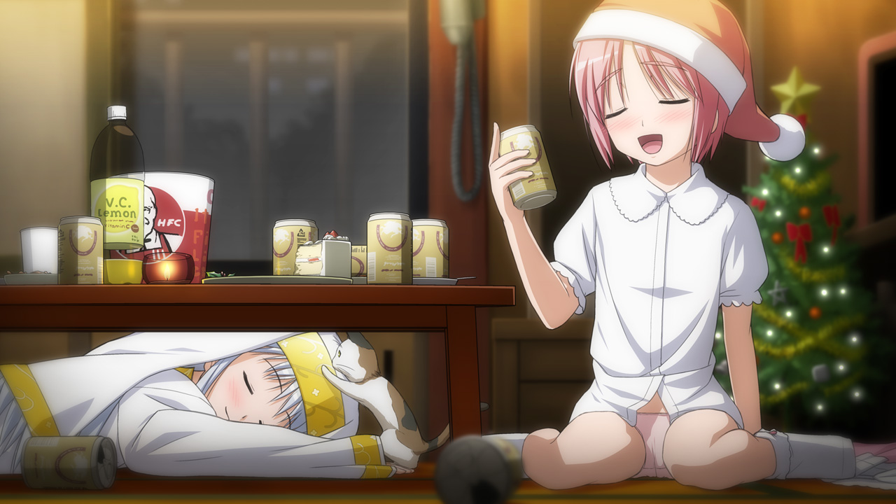 ogata, colonel sanders, index (toaru majutsu no index), sphinx (toaru majutsu no index), tsukuyomi komoe, kfc, toaru majutsu no index, 00s, 2girls, alcohol, beer, blue hair, blush, cake, calico (pattern), calico cat, can, cat, christmas, christmas tree, closed eyes, drunk, food, hat, long hair, lying, multiple girls, no pants, on floor, panties, pantyshot, pastry, pink hair, robe, santa hat, short hair, sitting, sleeping, socks, underwear