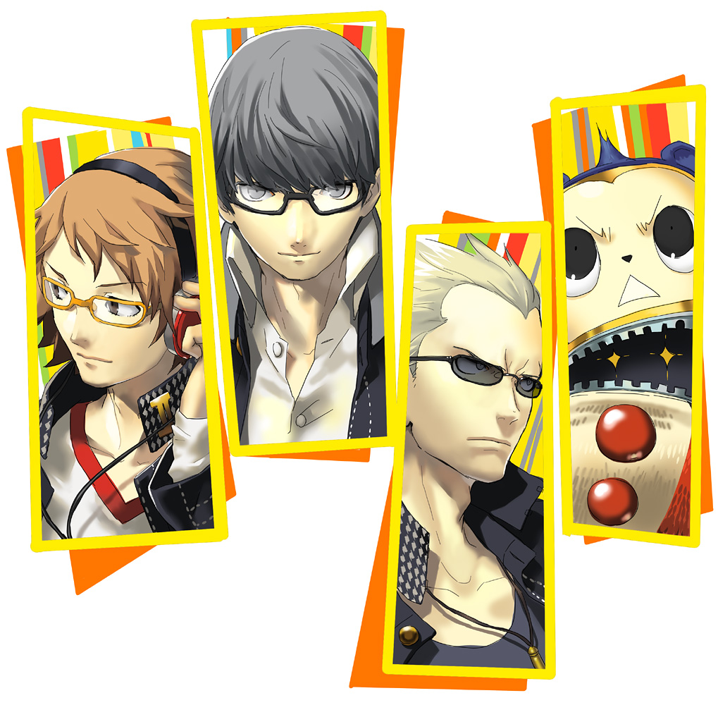 ginsyari, kishiwada robin, hanamura yousuke, kuma (persona 4), narukami yu, tatsumi kanji, atlus, persona, persona 4, 3boys, blonde hair, brown hair, glasses, grey hair, male focus, multiple boys, sunglasses