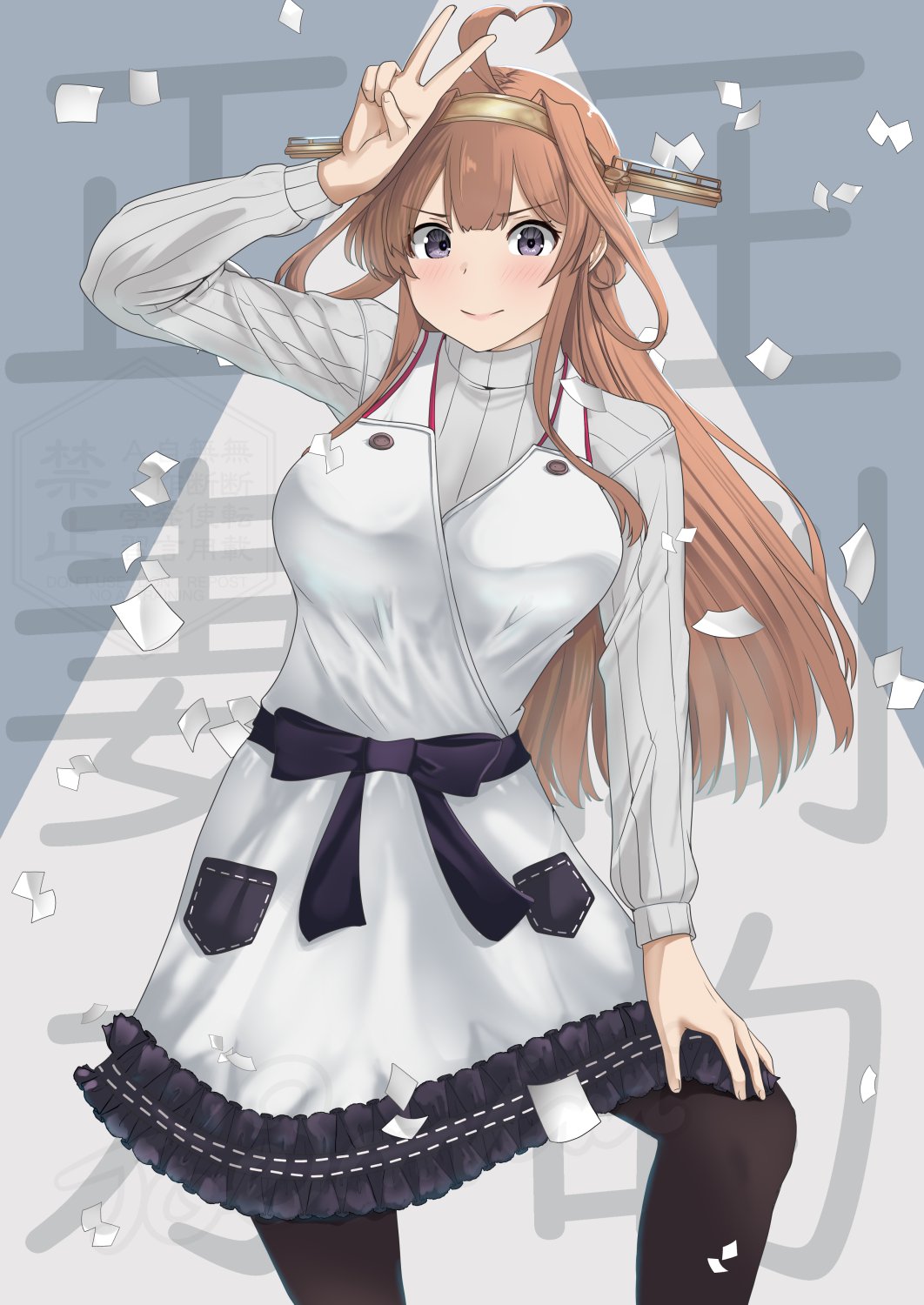 jouzaburou (joe3), kongou (kancolle), kantai collection, highres, 1girl, ahoge, alternate costume, black pantyhose, brown hair, double bun, dress, feet out of frame, grey sweater, hair bun, headgear, heart, heart ahoge, long hair, pantyhose, purple eyes, ribbed swseater, solo, sweater, v, white dress