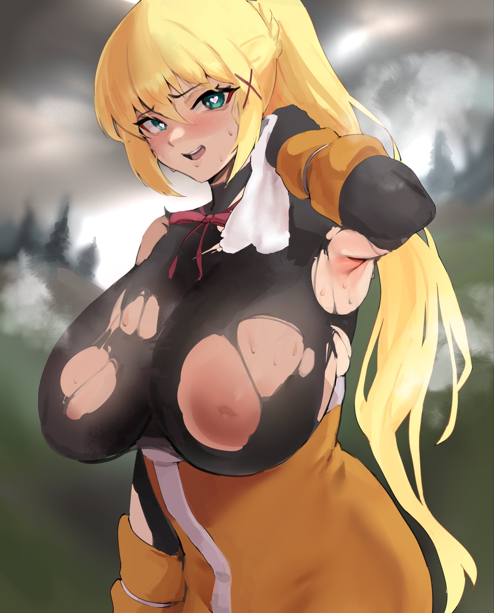 yotamono, darkness (konosuba), kono subarashii sekai ni shukufuku wo!, highres, 1girl, armpits, black bodysuit, blonde hair, blue eyes, blush, bodysuit, breasts, hair ornament, heart, heart-shaped pupils, large breasts, long hair, open mouth, ponytail, symbol-shaped pupils, torn bodysuit, torn clothes, x hair ornament