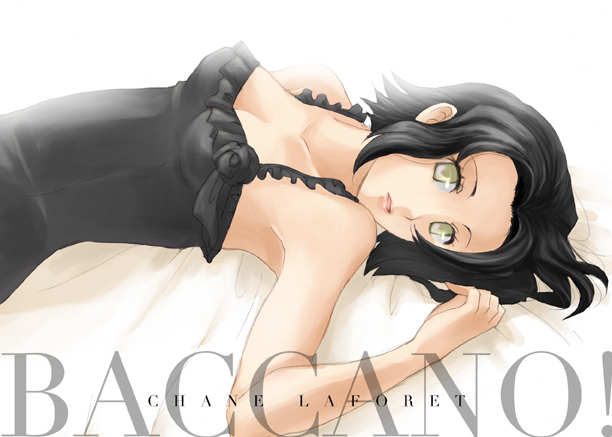 yo (pixiv260787), chane laforet, baccano!, bad id, bad pixiv id, 00s, black hair, dress, lying, short hair, solo, yellow eyes