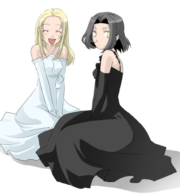 yo (pixiv260787), chane laforet, miria harvent, baccano!, bad id, bad pixiv id, 00s, 2girls, black hair, blonde hair, closed eyes, dress, elbow gloves, gloves, multiple girls, short hair, yellow eyes