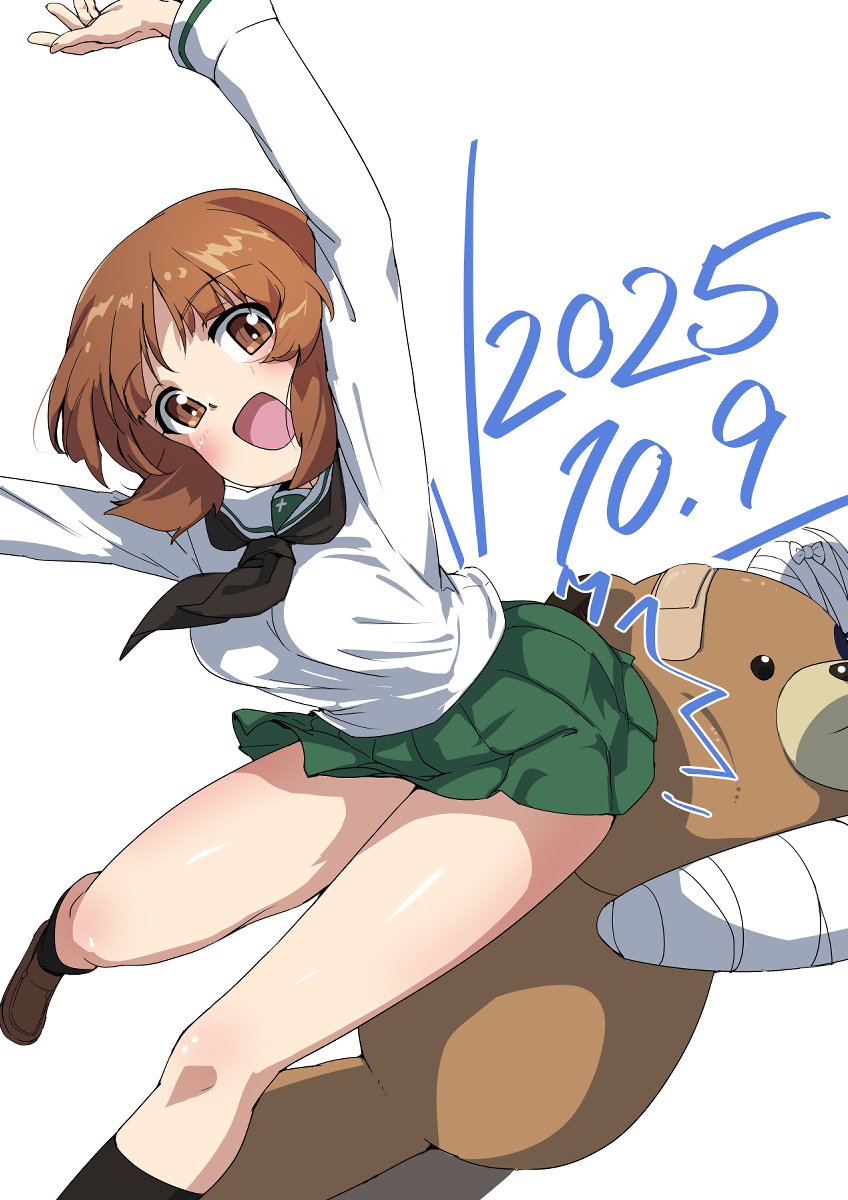 buchikaki, boko (girls und panzer), nishizumi miho, girls und panzer, commentary request, highres, 1girl, black neckerchief, breasts, brown eyes, brown hair, butt bump, dated, dress, green skirt, medium breasts, neckerchief, ooarai school uniform, open mouth, pleated dress, sailor collar, sailor shirt, school uniform, serafuku, shirt, short hair, skirt, smile, solo, stuffed animal, stuffed toy, teddy bear, white sailor collar, white shirt