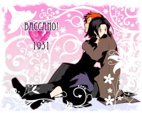 smi, smi (enraku), chane laforet, claire stanfield, baccano!, bad id, bad pixiv id, lowres, 00s, 1boy, 1girl, black hair, hetero, hug, orange hair, short hair, yellow eyes