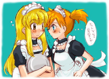 ash ketchum, misty (pokemon), nintendo, pokemon, pokemon (anime), artist request, lowres, tagme, translation request, 1boy, 1girl, crossdressing, maid, wig