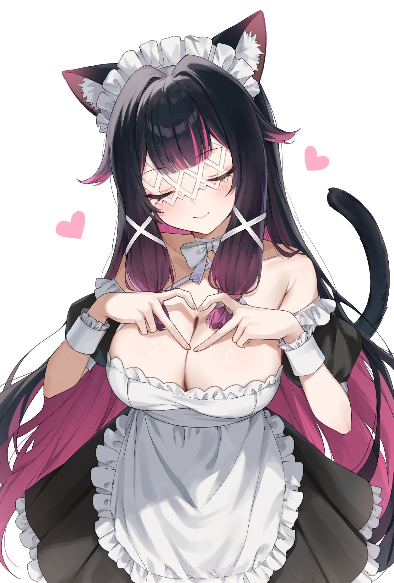 yeohye s2, columbina (genshin impact), genshin impact, commentary, hashtag-only commentary, highres, symbol-only commentary, 1girl, animal ear fluff, animal ears, apron, bare shoulders, black dress, black hair, blunt bangs, blush, bow, breasts, cat ears, cat tail, cleavage, closed eyes, closed mouth, collarbone, detached sleeves, dress, eye mask, facing viewer, four-finger heart hands, frilled apron, frilled headwear, frilled sleeves, frilled wrist cuffs, frills, hair intakes, hair ornament, hands up, head tilt, heart, heart hands, large breasts, long hair, low-tied sidelocks, maid, maid apron, maid headdress, mask, multicolored hair, pink hair, puffy detached sleeves, puffy short sleeves, puffy sleeves, short sleeves, sidelocks, simple background, smile, solo, standing, tail, very long hair, white apron, white background, white bow, white wrist cuffs, wrist cuffs, x-shaped eyewear, x hair ornament