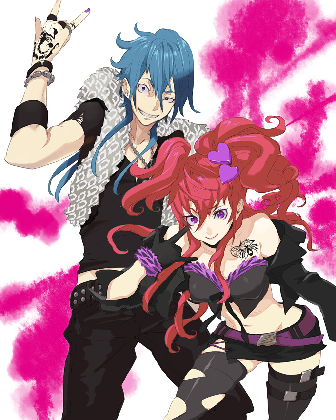 ginsyari, kishiwada robin, original, 2girls, m/, n/, animal print, belt, blue hair, bow, bracelet, buckle, corset, couple, ear piercing, fashion, gloves, hair ornament, hairclip, heart, jacket, jewelry, long hair, multiple girls, piercing, ponytail, purple eyes, red hair, ring, skirt, smile, tattoo, thighhighs, vest, visual kei