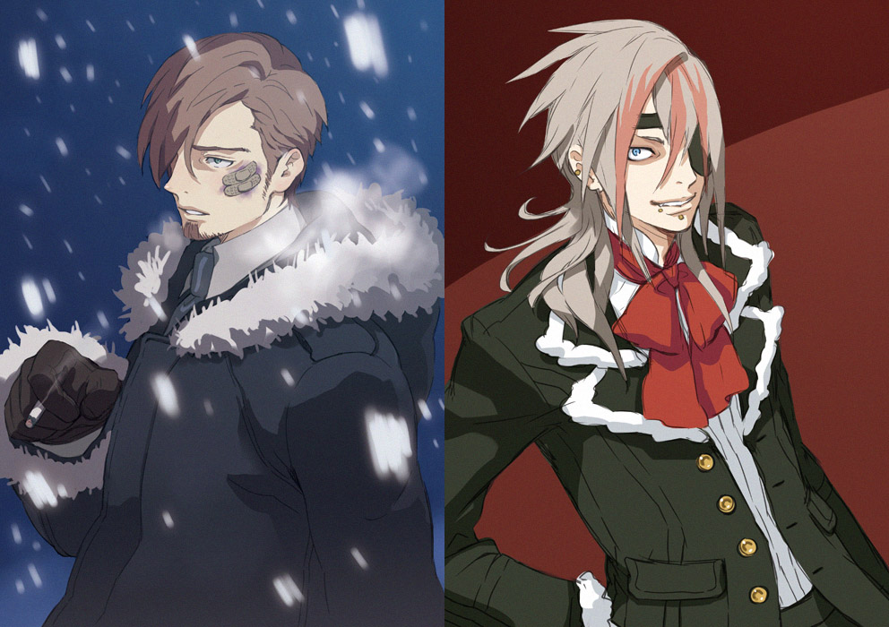 ginsyari, kishiwada robin, original, 2boys, bandaid, blue eyes, bow, brown hair, bruise, cigarette, coat, ear piercing, eyepatch, face piercing, injury, jacket, lip piercing, male focus, multicolored hair, multiple boys, one-eyed, piercing, smoking, snow, streaked hair